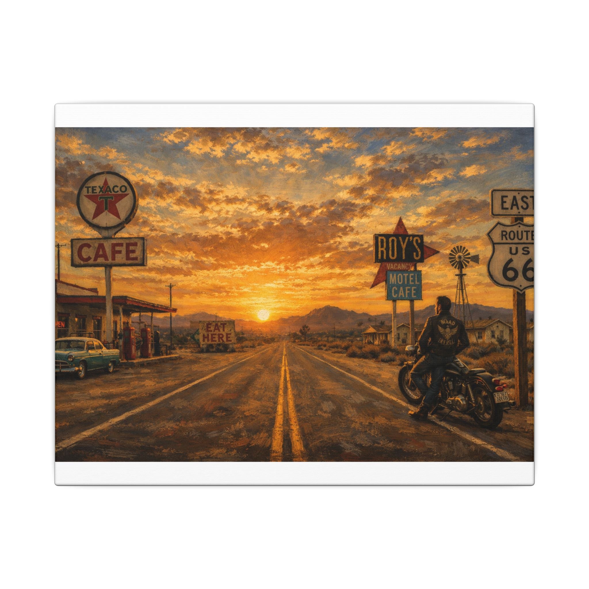 Route 66 Sunset Motorcycle Canvas Wall Art — Vintage Roadside Cafe Print