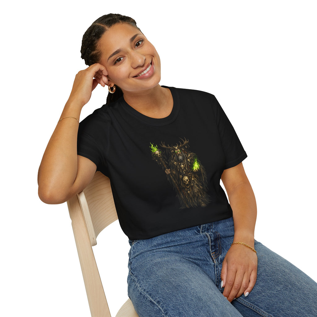 Druid Necromancer T‑Shirt — Green Flame Forest Shaman Graphic Tee