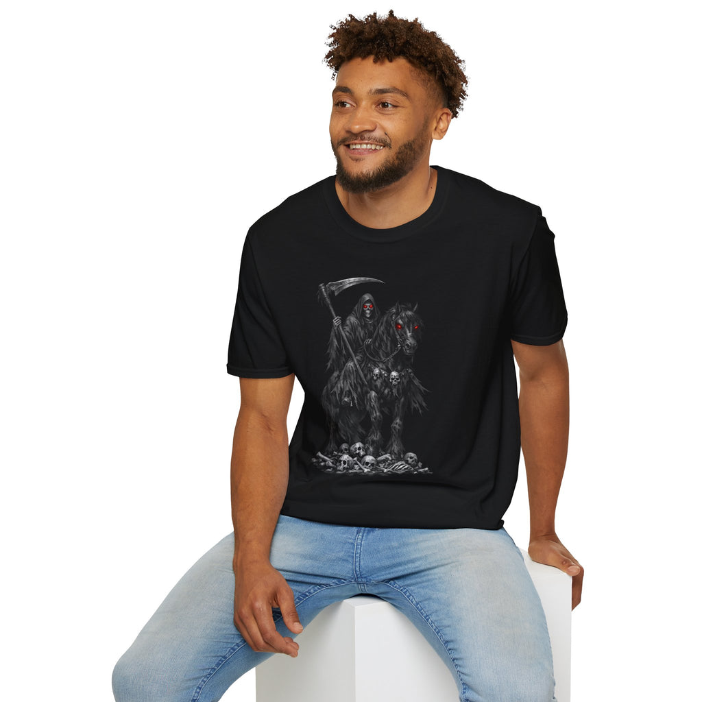 Grim Reaper Skull Tee — Dark Gothic Scythe Shirt with Red-Eyed Horse