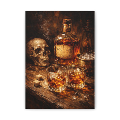 Bourbon Still Life Canvas Print — Skull & Whiskey Bar Art