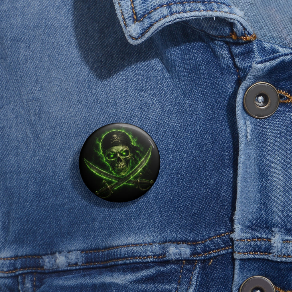 Pirate Skull Pin Button — Green Glow Crossed Swords Badge