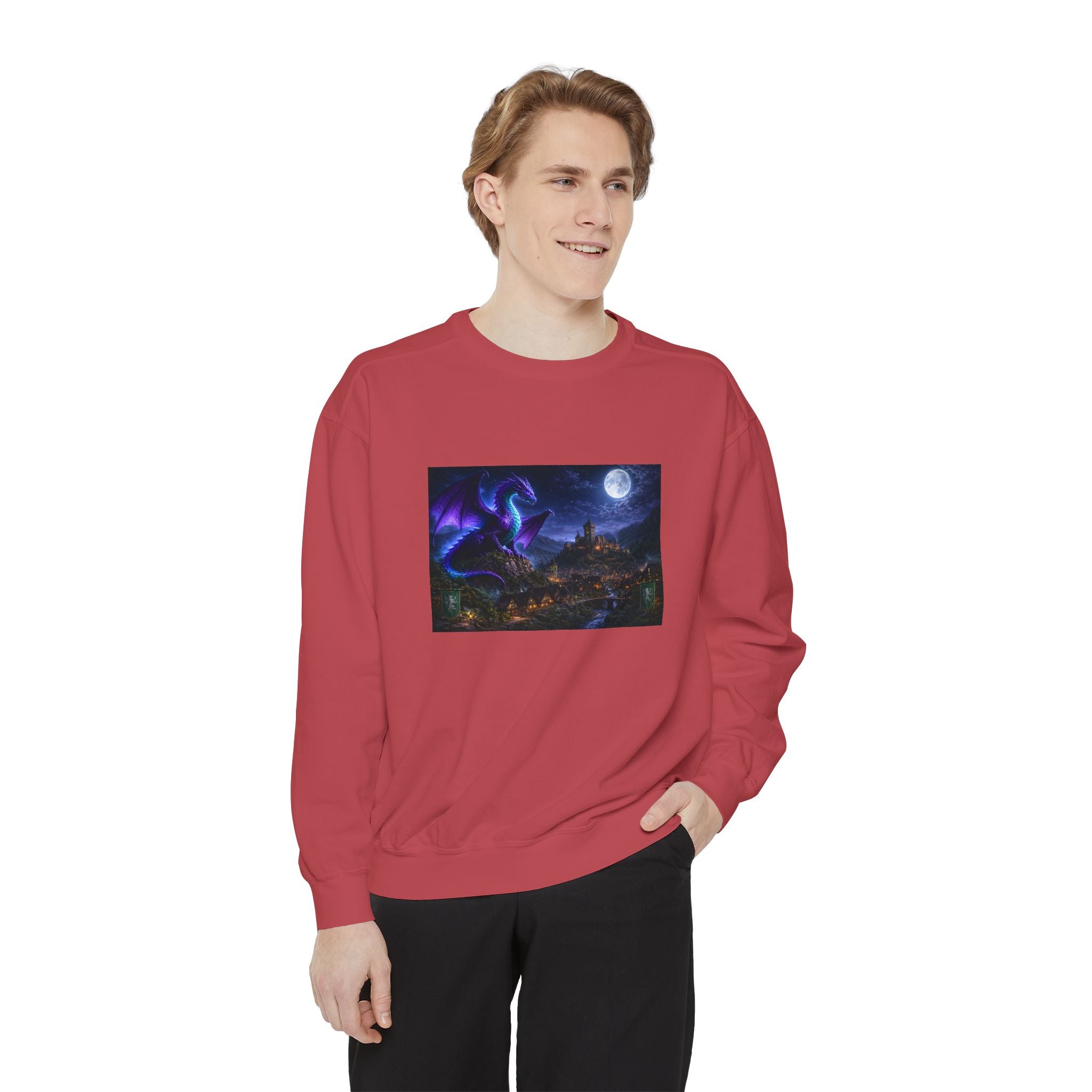 Dragon Night Sweatshirt — Mystical Purple Dragon Over Moonlit Village