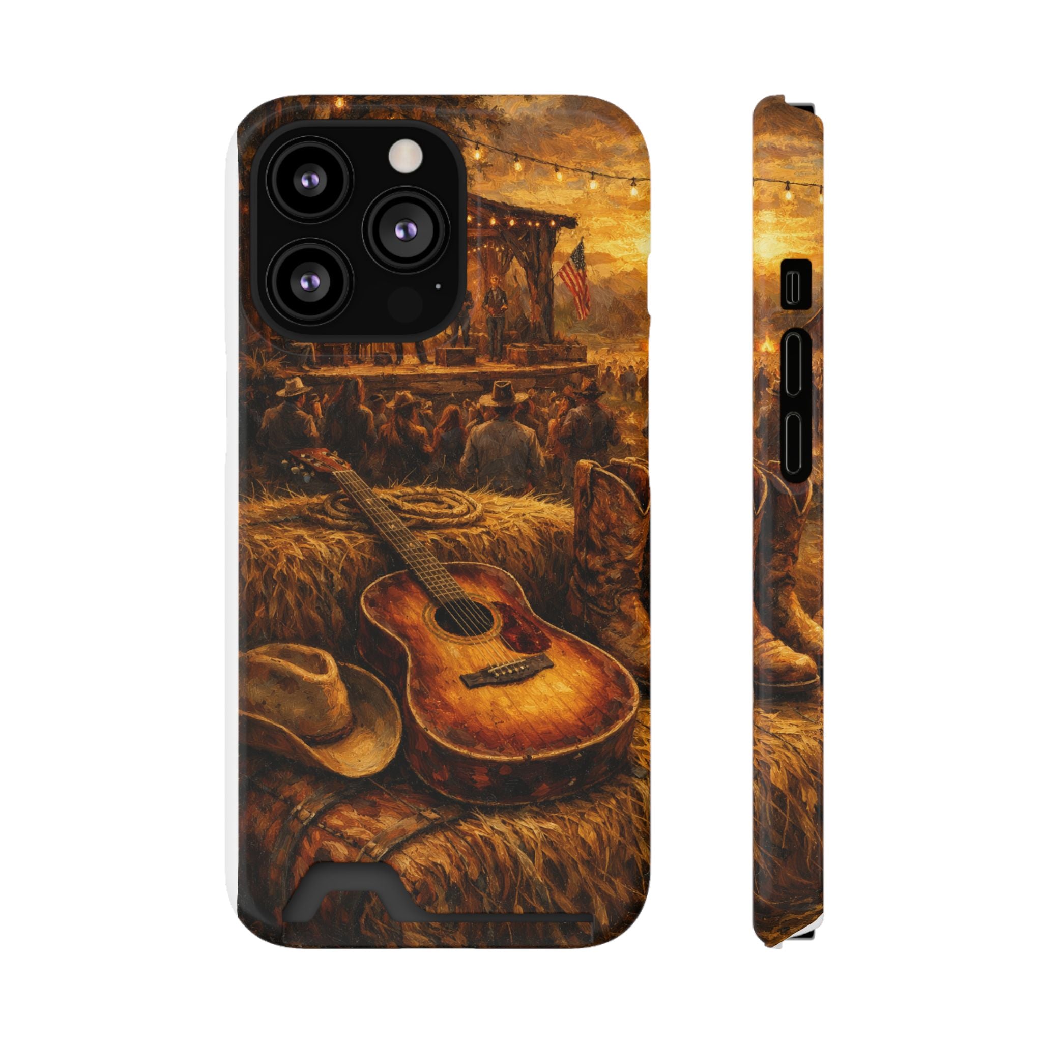 Country Music Guitar Phone Case with Card Holder — Rustic Concert Scene