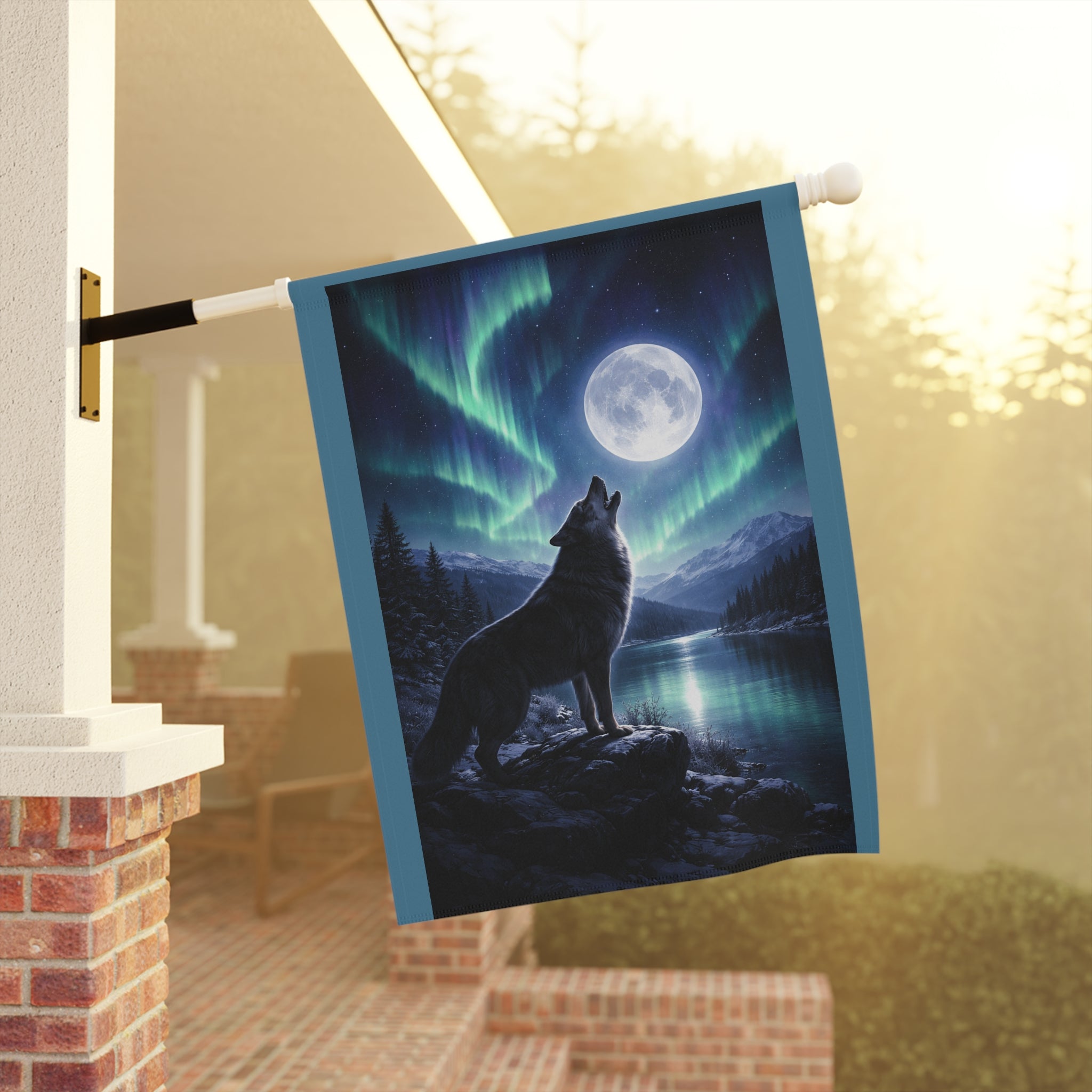 Howling Wolf Moon Garden Flag — Northern Lights Outdoor House Banner