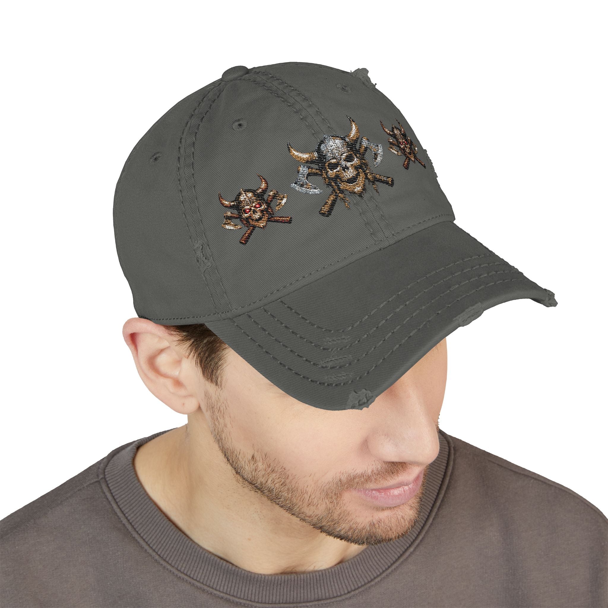 Distressed Viking Skull & Crossed Axes Embroidered Dad Hat