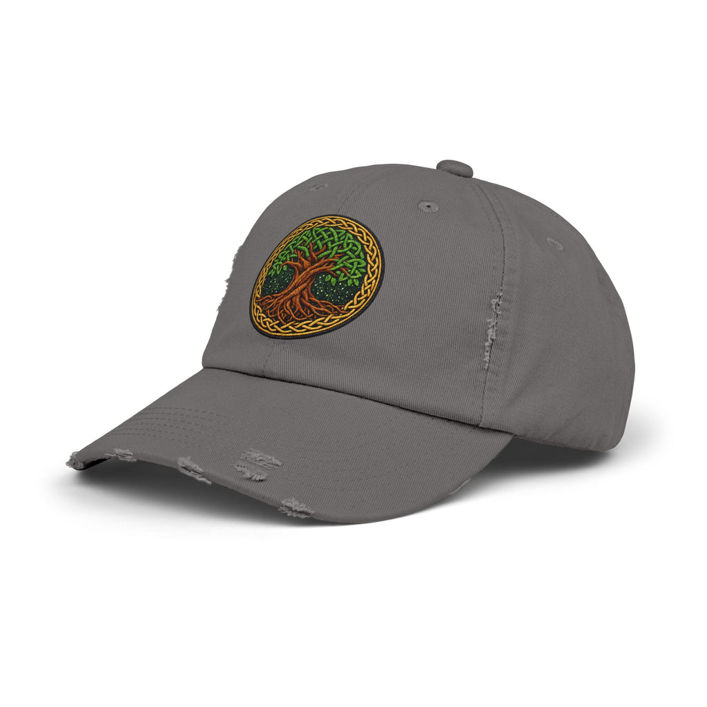 Distressed Baseball Cap — Celtic Tree of Life Faux-Embroidered Adjustable Hat