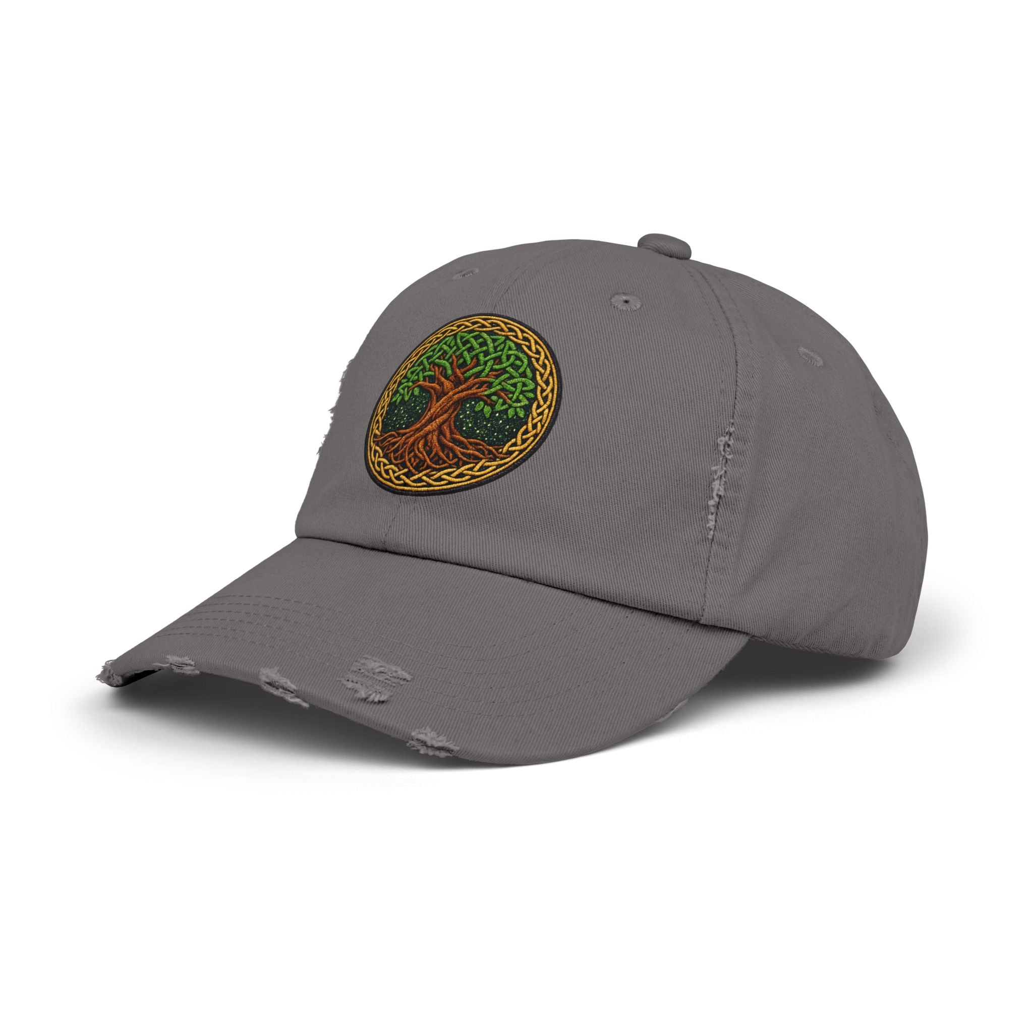 Distressed Baseball Cap — Celtic Tree of Life Faux-Embroidered Adjustable Hat