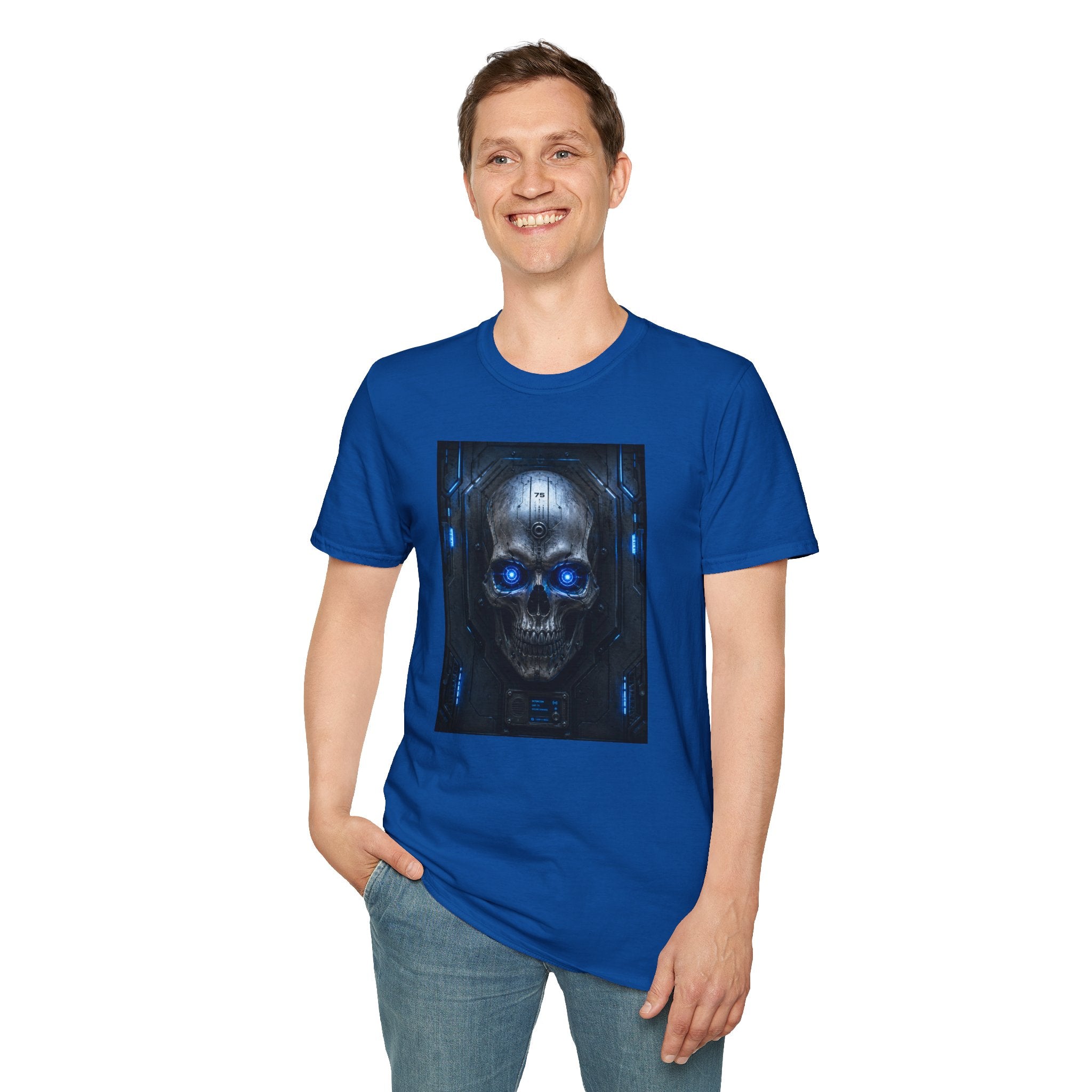 Skull Cyberpunk T-Shirt — Blue Glowing Skull Sci‑Fi Graphic Tee
