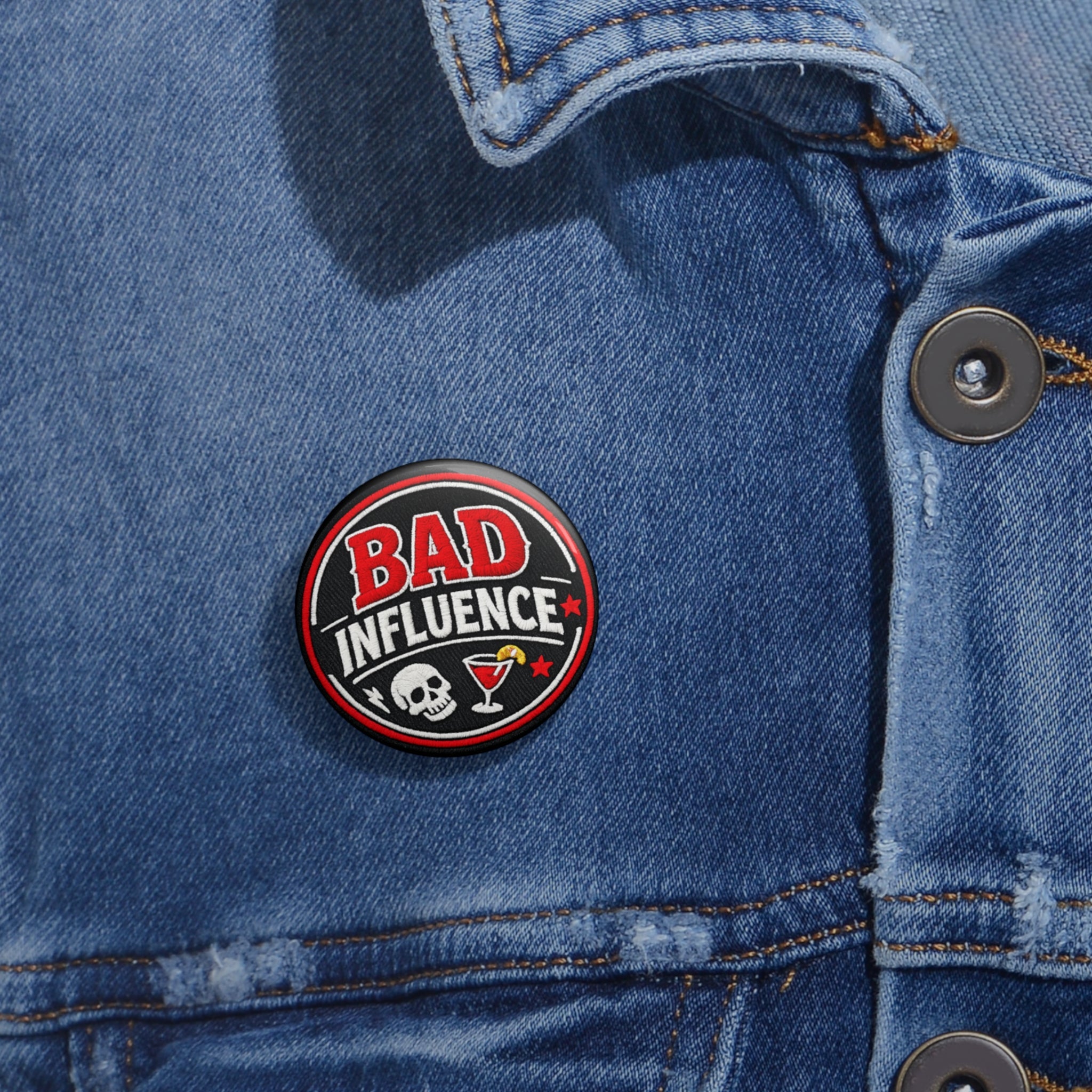 Bad Influence Pin Button — Funny Skull & Cocktail Enamel Jacket Badge
