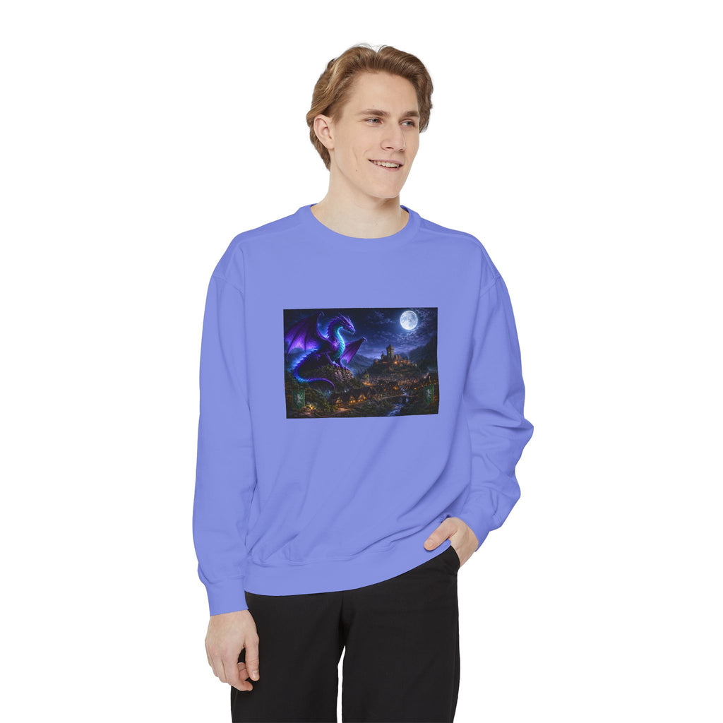 Dragon Night Sweatshirt — Mystical Purple Dragon Over Moonlit Village