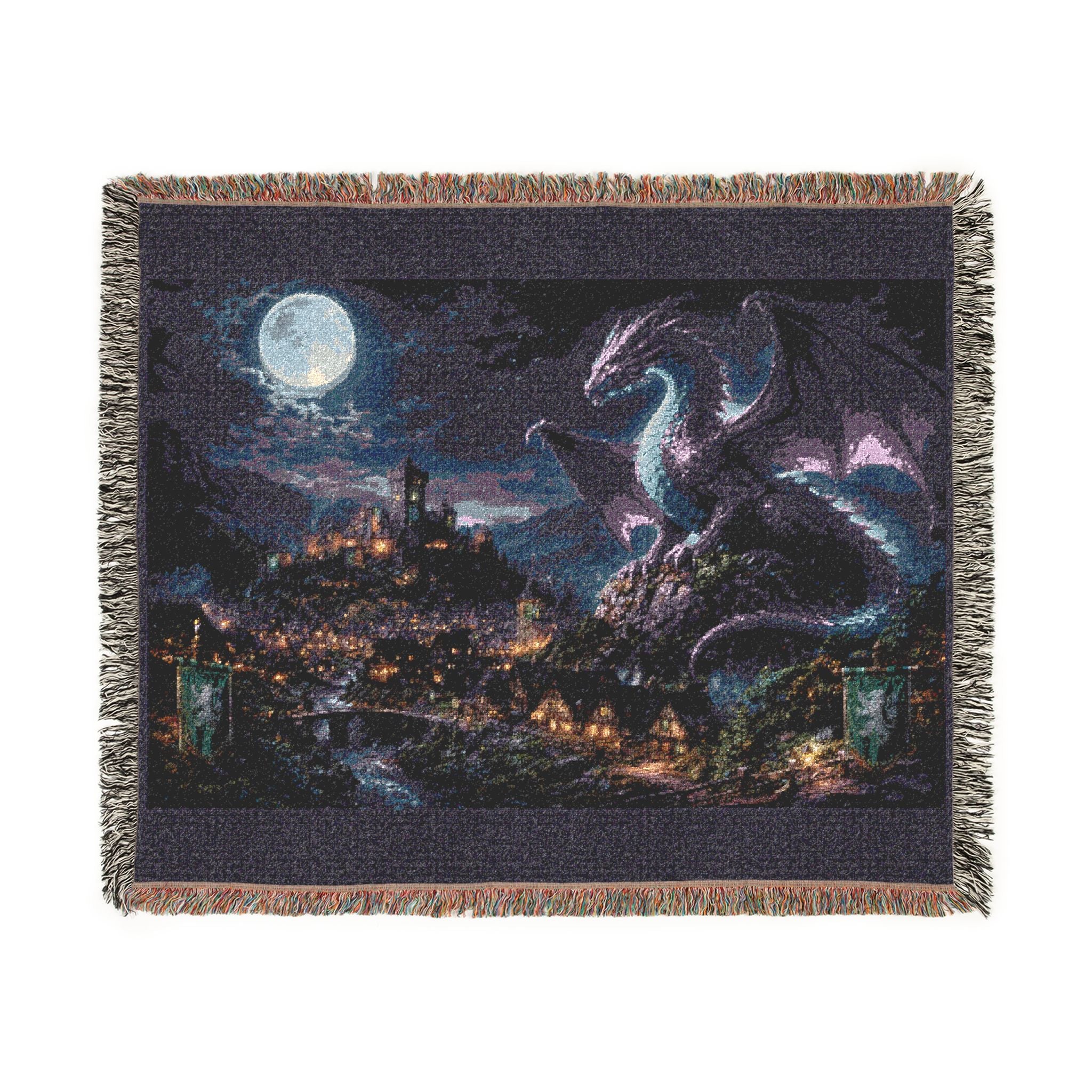 Dragon Night Woven Blanket — Mystical Moonlit Cityscape Throw