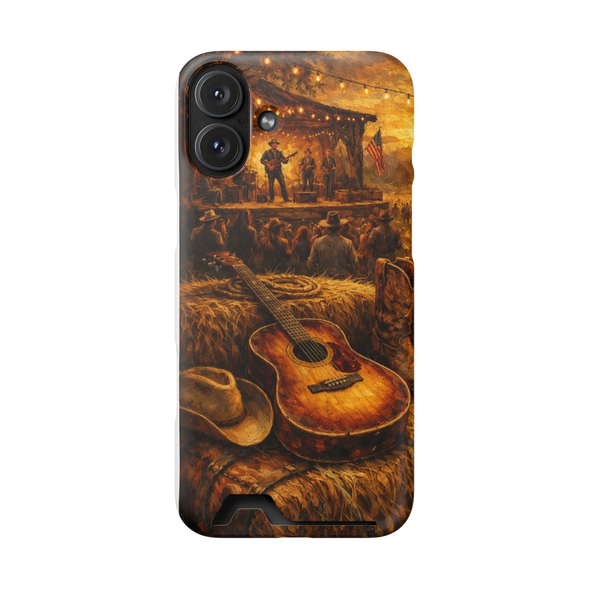 Country Music Guitar Phone Case with Card Holder — Rustic Concert Scene
