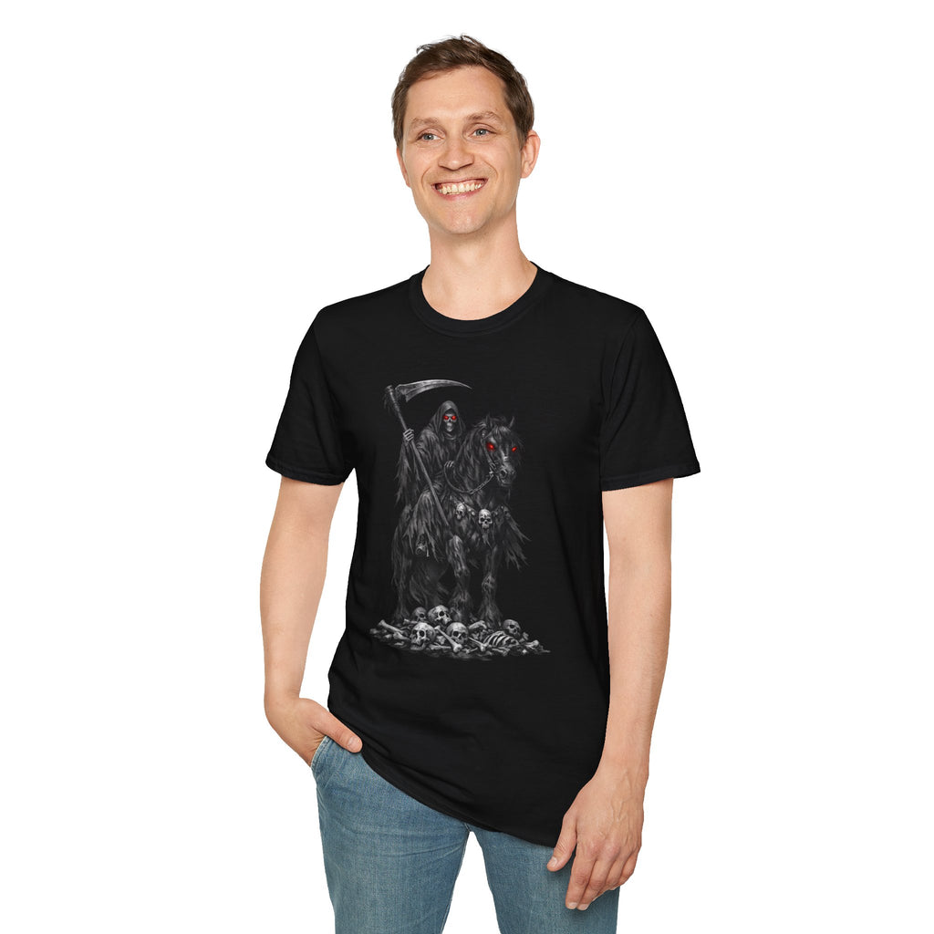 Grim Reaper Skull Tee — Dark Gothic Scythe Shirt with Red-Eyed Horse