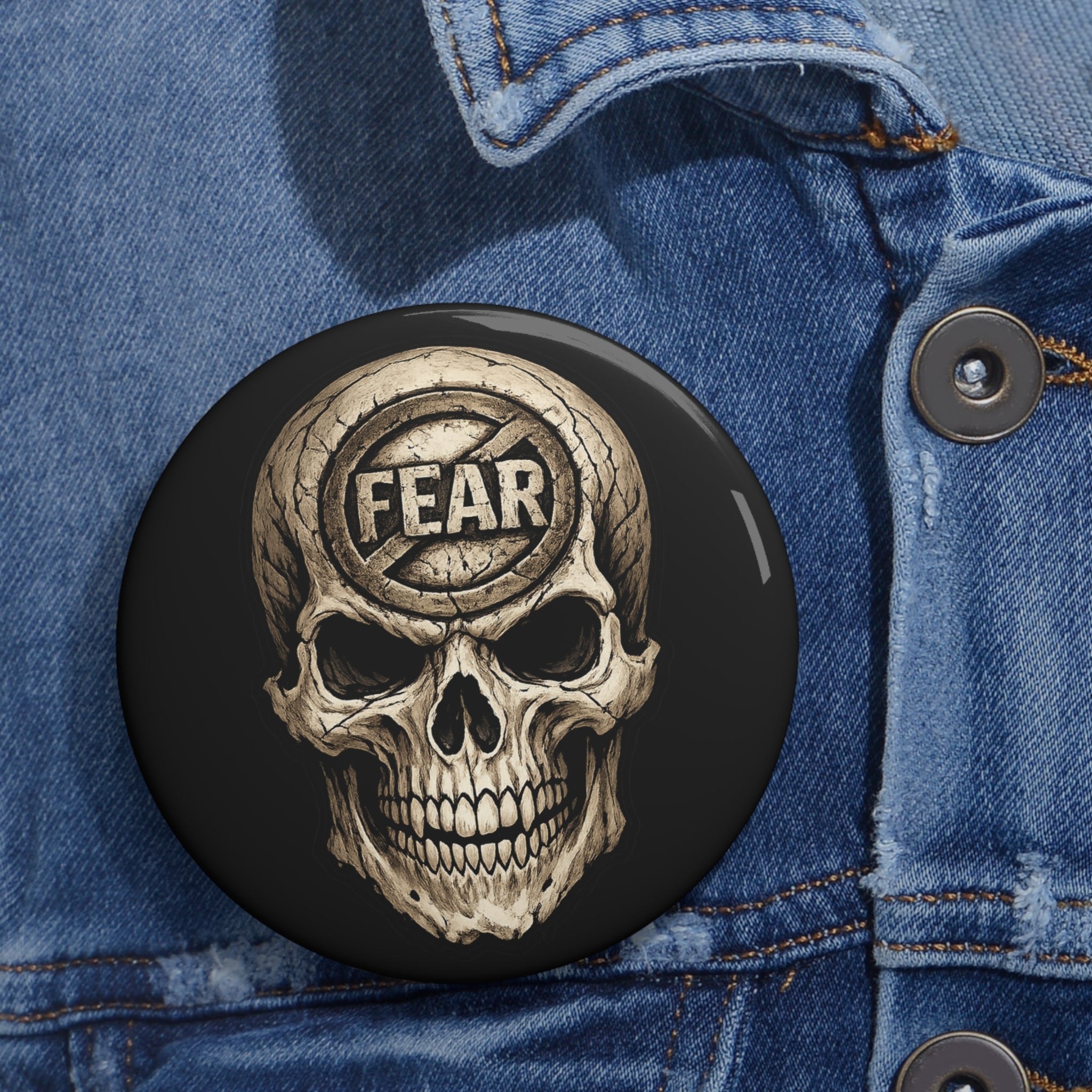 Skull 'NoFear' Pin Button – Gothic Skull Badge for Jackets & Backpacks