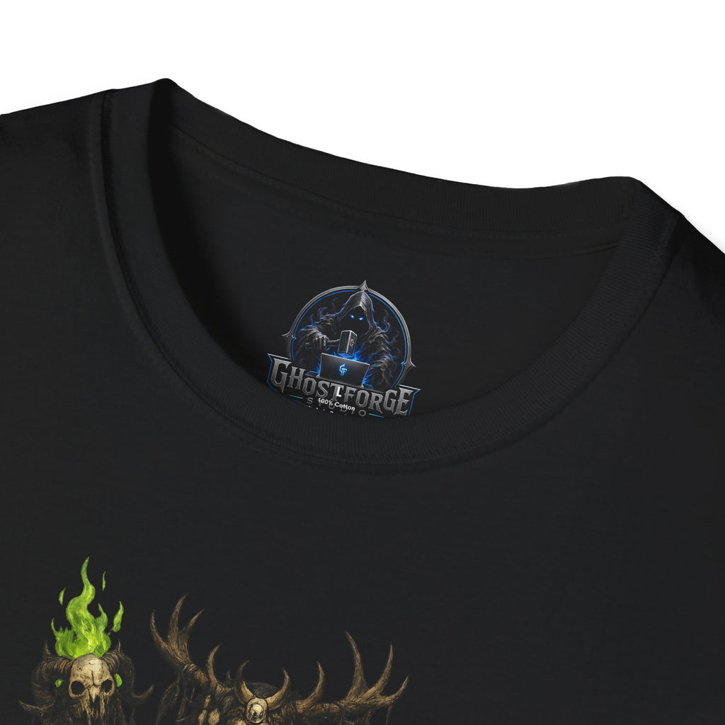 Druid Necromancer T‑Shirt — Green Flame Forest Shaman Graphic Tee