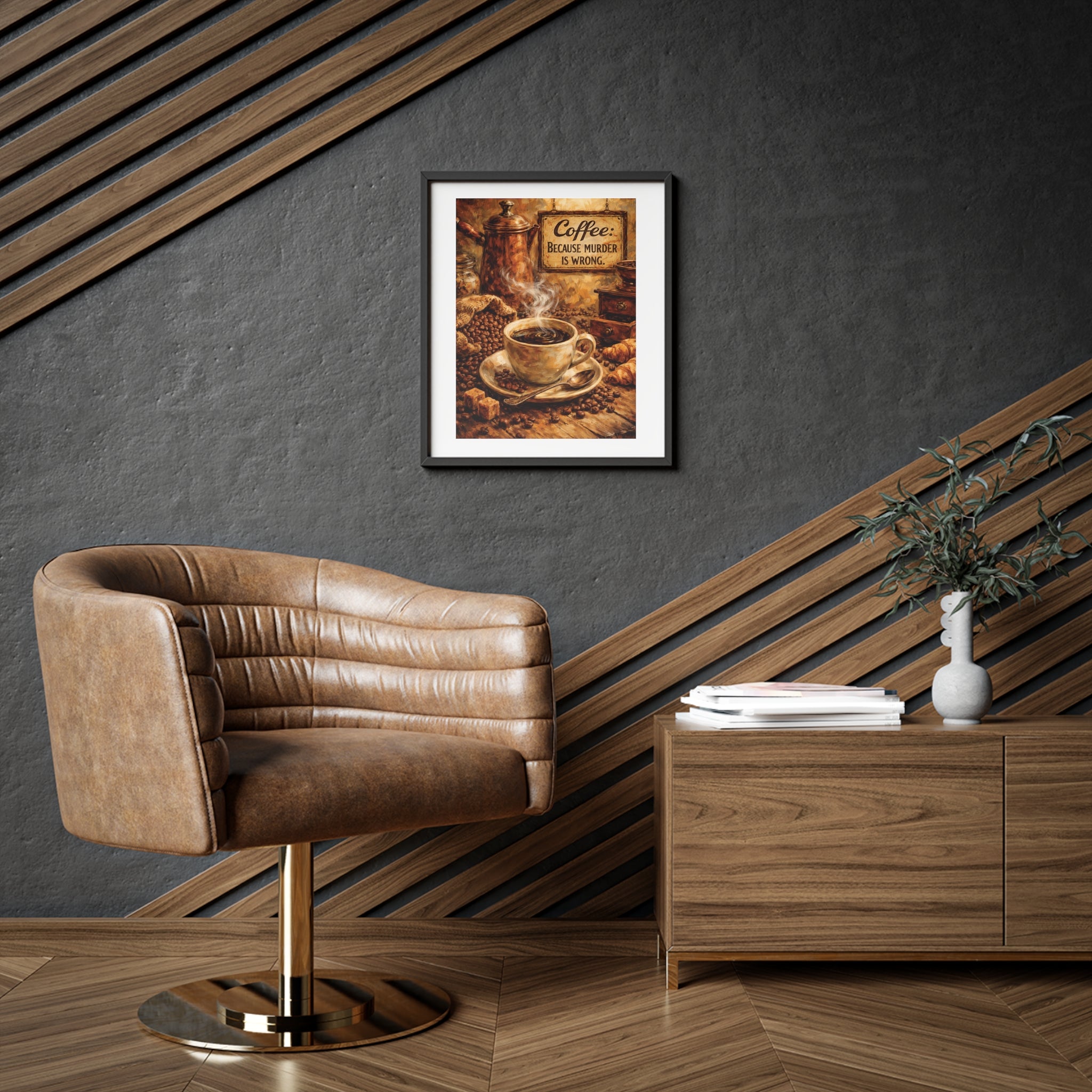 Framed Coffee Poster — "Coffee: Because Murder Is Wrong" Vintage Kitchen Wall Art