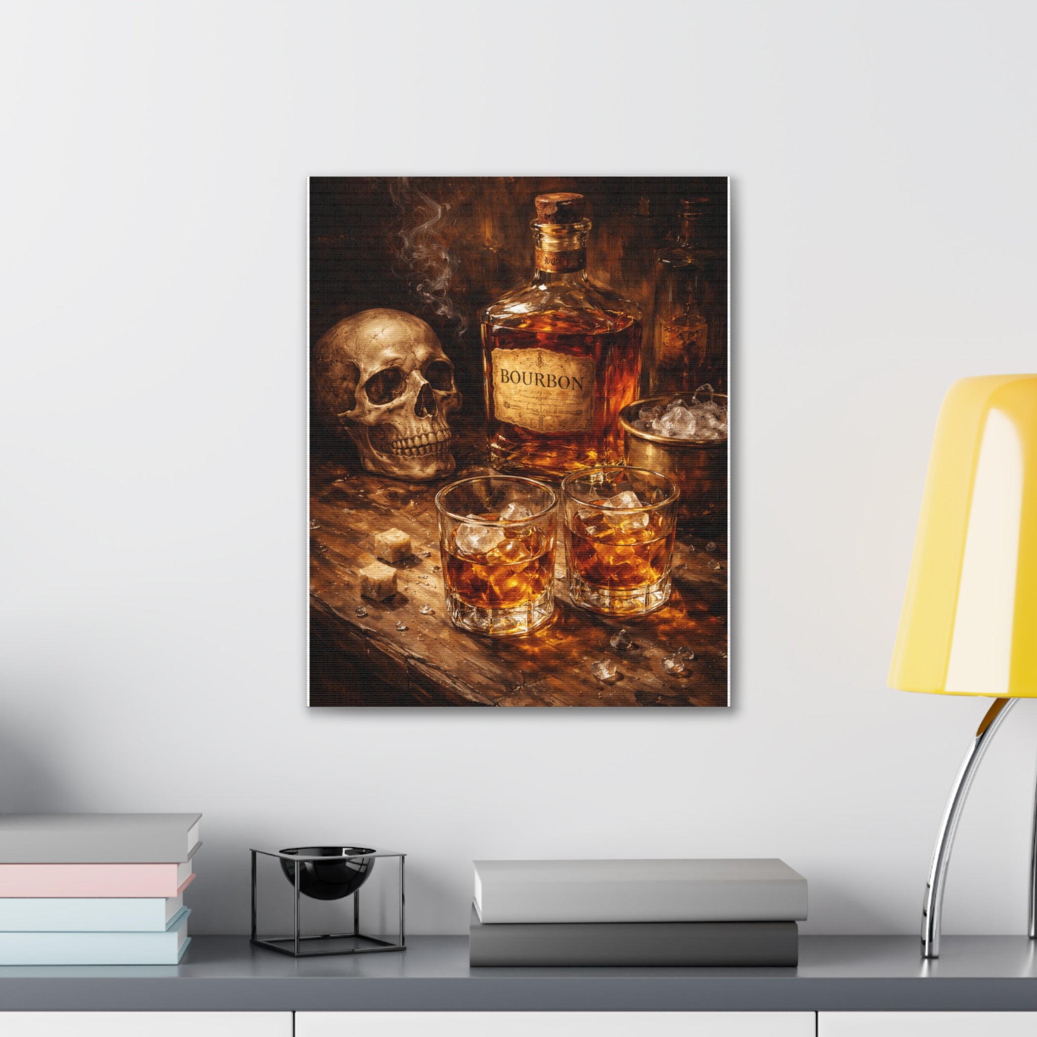 Bourbon Still Life Canvas Print — Skull & Whiskey Bar Art