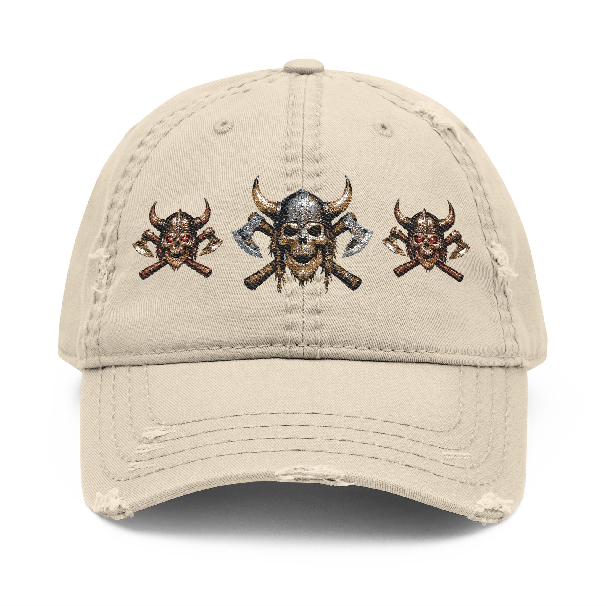 Distressed Viking Skull & Crossed Axes Embroidered Dad Hat