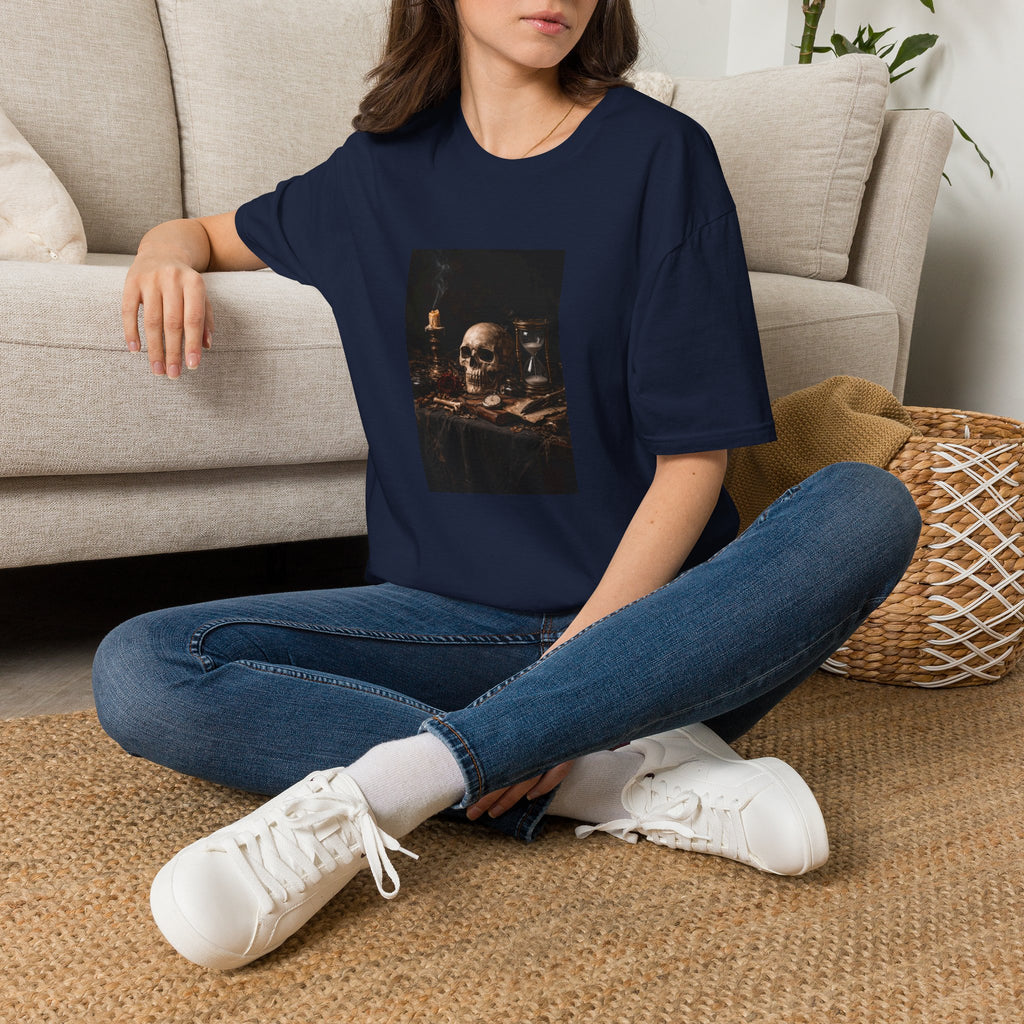 Skull Still Life T-Shirt — Vintage Vanitas Candle & Hourglass Tee