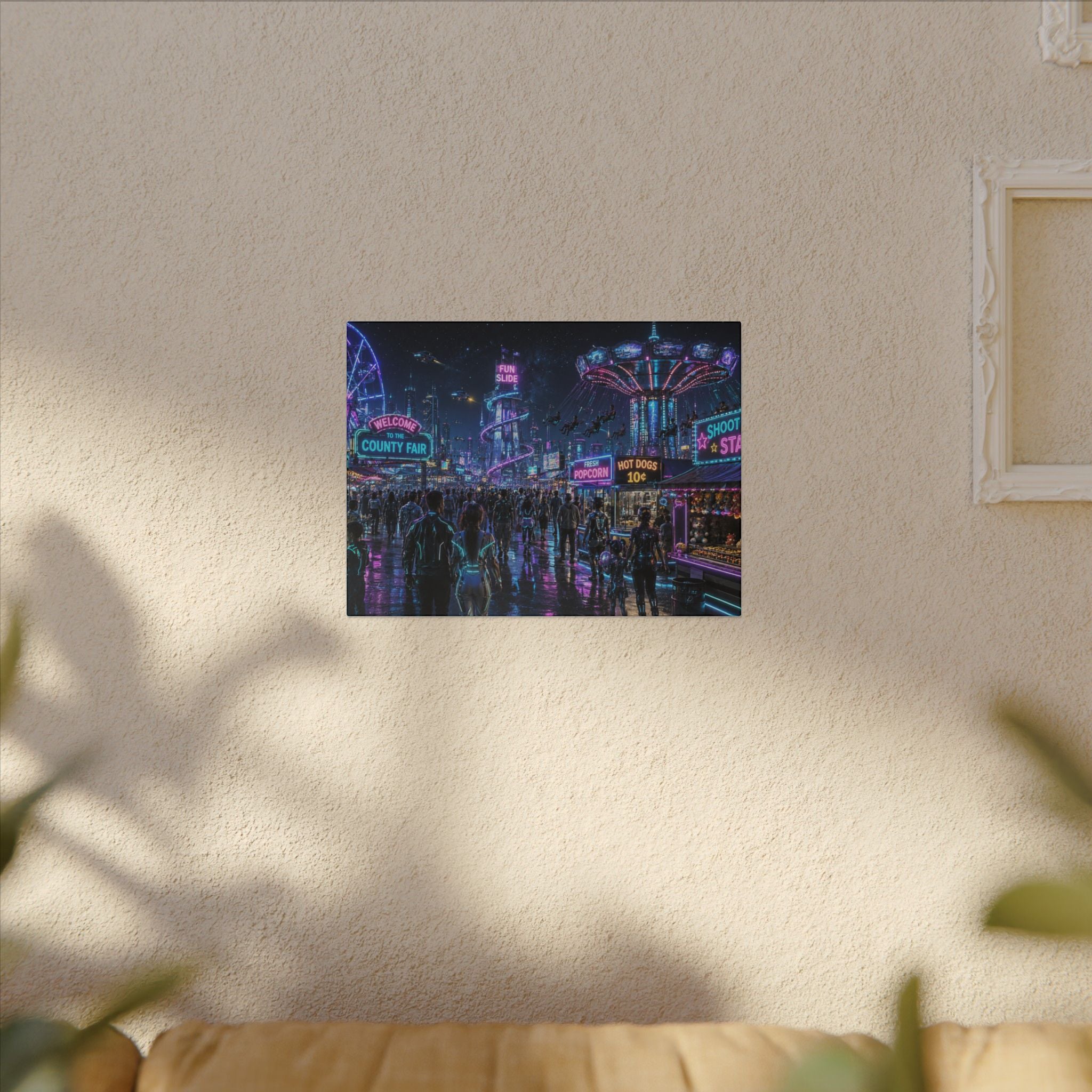 Neon County Fair Canvas Wall Art — Stretched Matte Carnival Nightscape