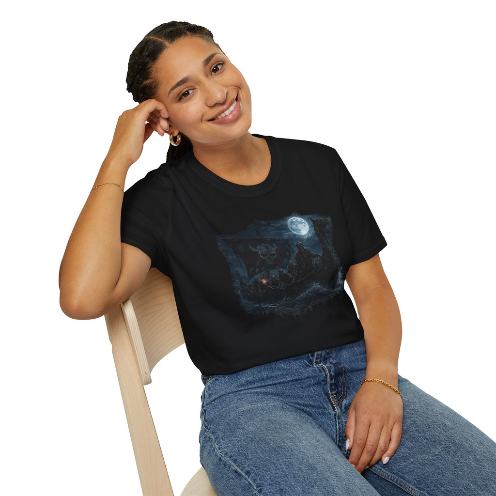 Moonlit Viking Ghost Ship T-Shirt — Nordic Fantasy Graphic Tee