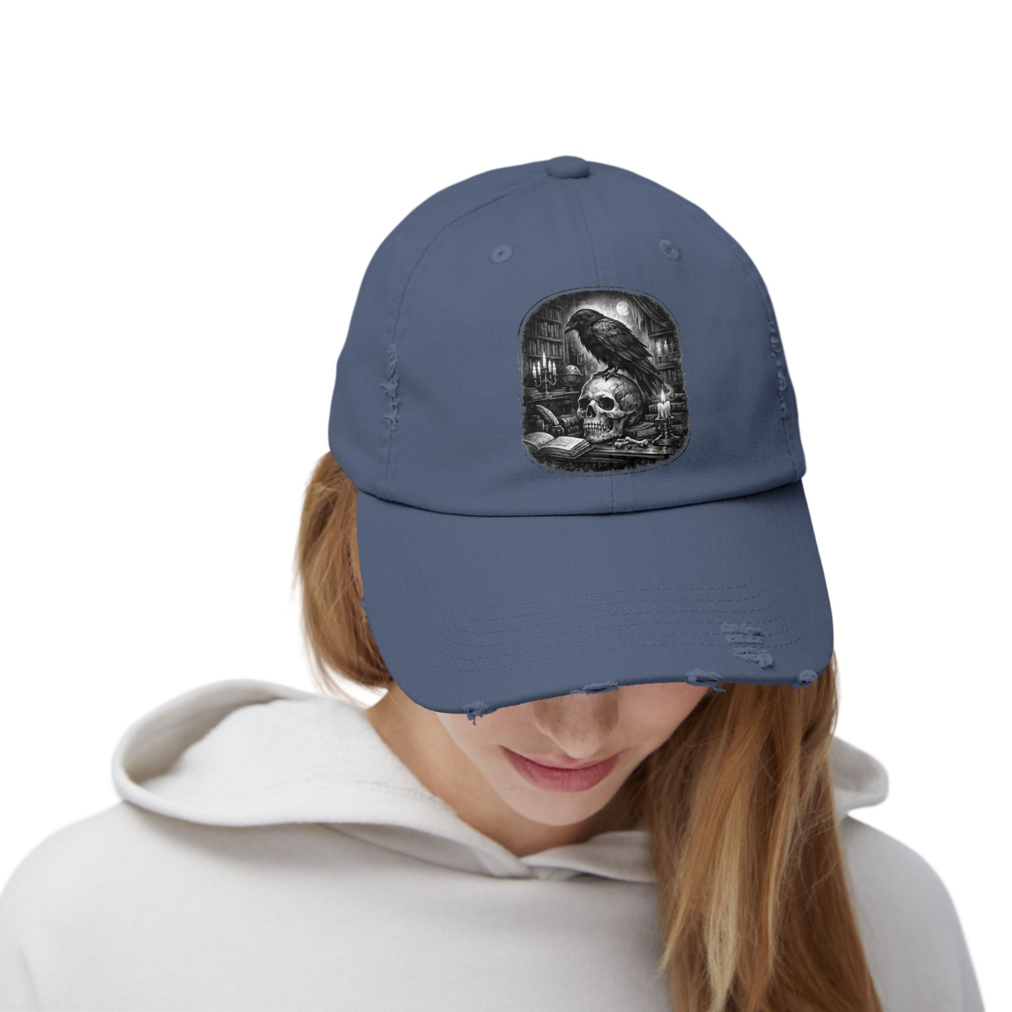 Distressed Raven & Skull Cap — Gothic Vintage Baseball Hat