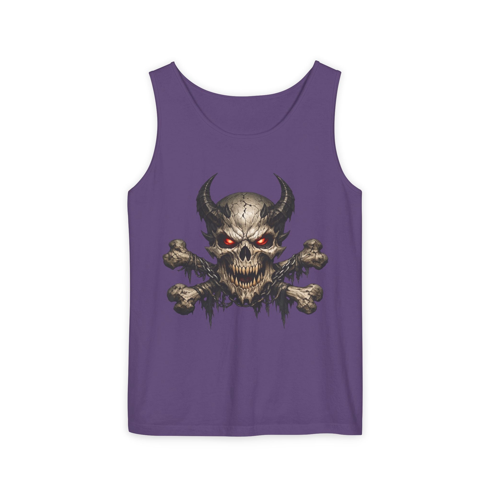 Demon Skull Tank Top — Red-Eyed Skull & Crossbones Graphic