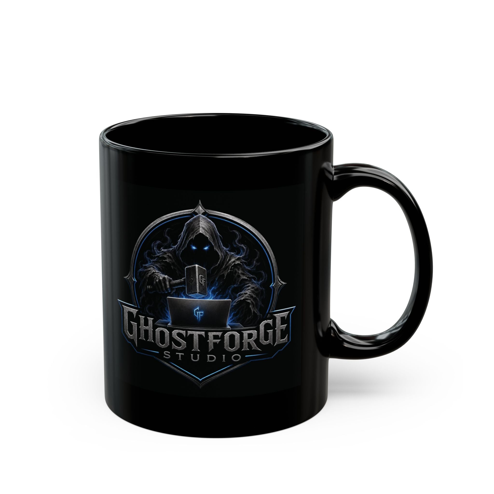 GhostForge Studio Black Mug – Dark Gamer Logo Coffee Cup (11oz/15oz)