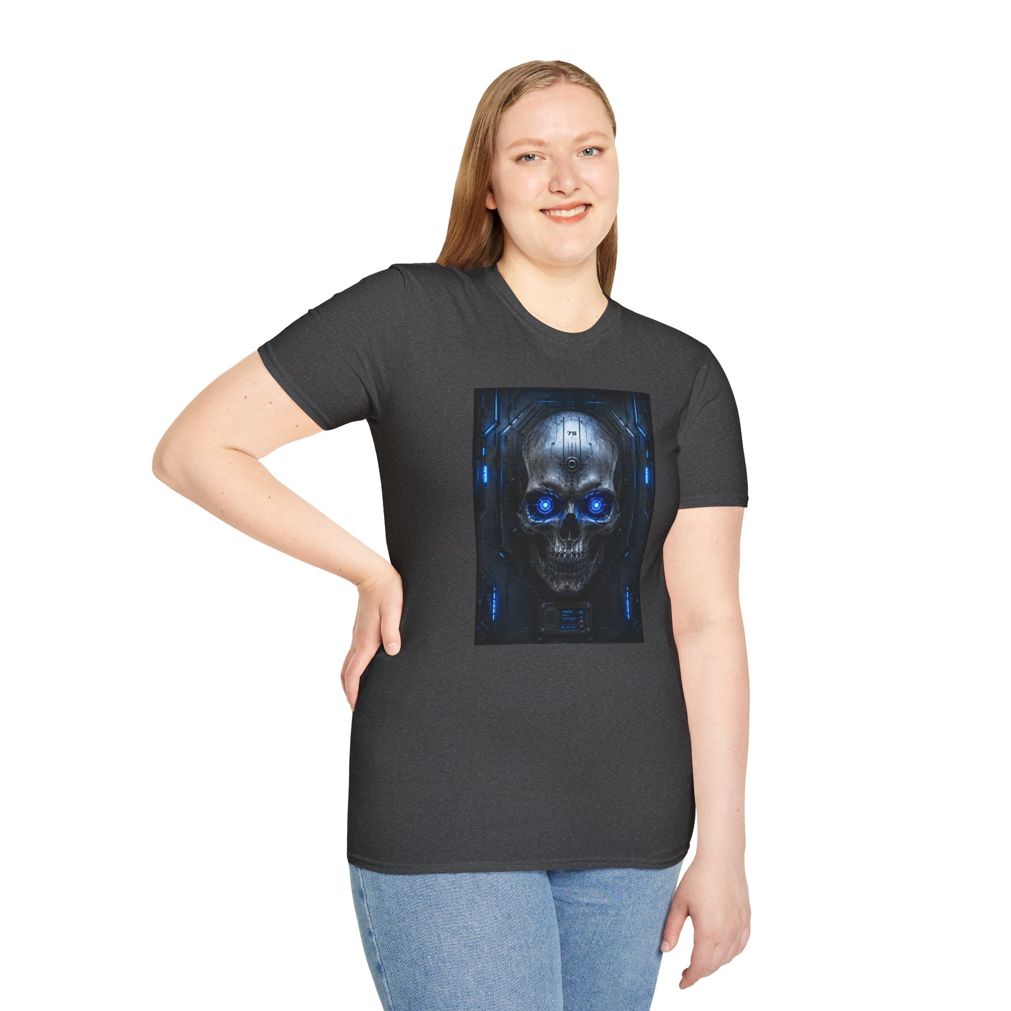 Skull Cyberpunk T-Shirt — Blue Glowing Skull Sci‑Fi Graphic Tee