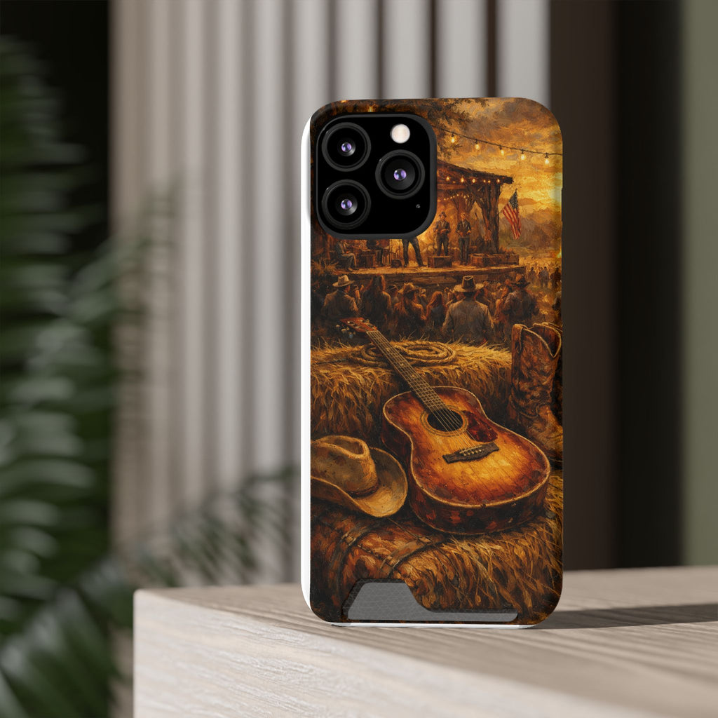 Country Music Guitar Phone Case with Card Holder — Rustic Concert Scene