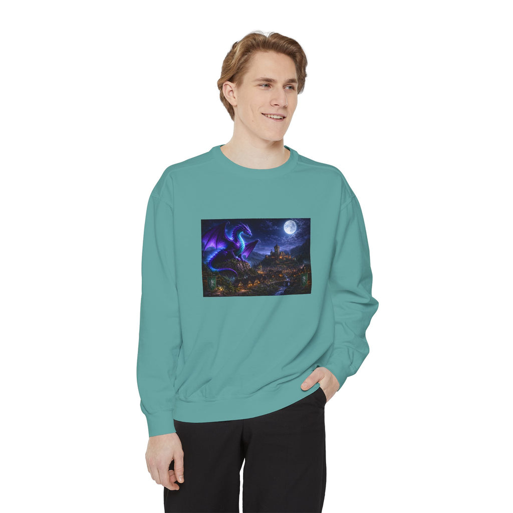 Dragon Night Sweatshirt — Mystical Purple Dragon Over Moonlit Village