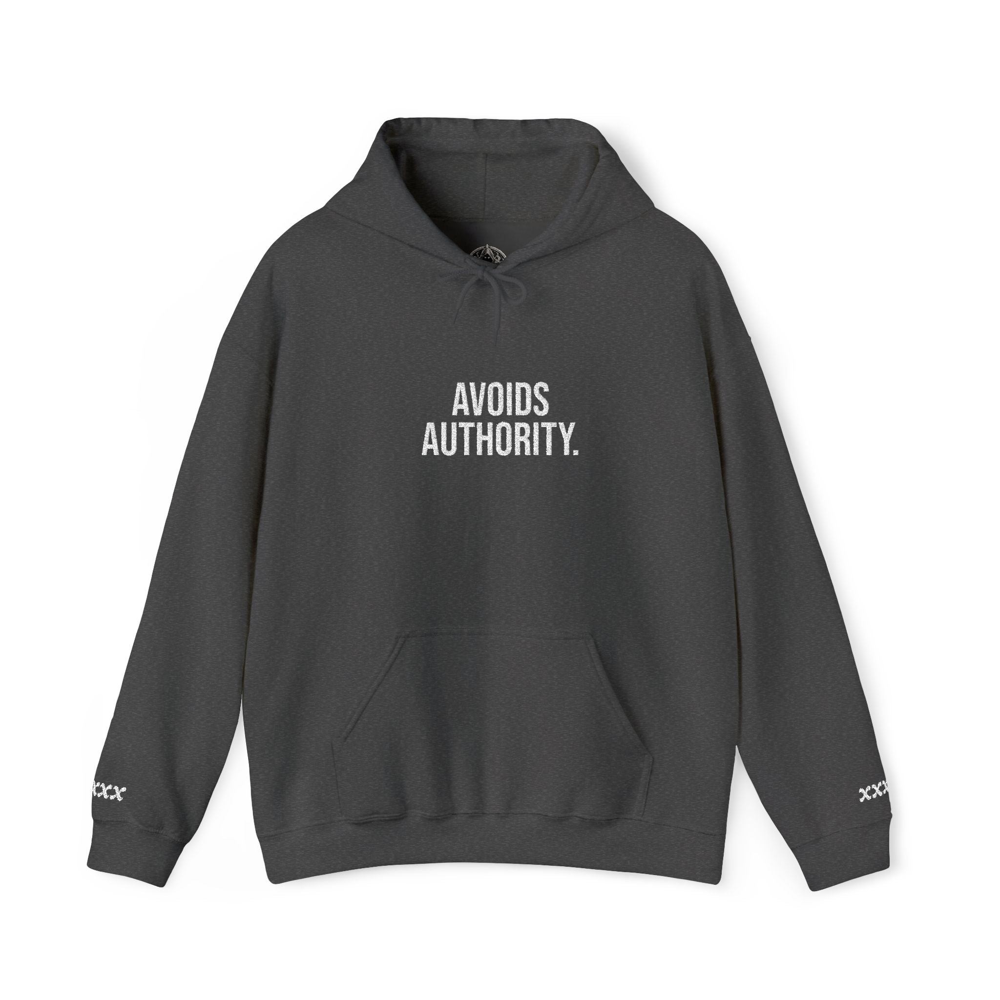 Avoids Authority Hoodie — Rebellious Embroidered Pullover