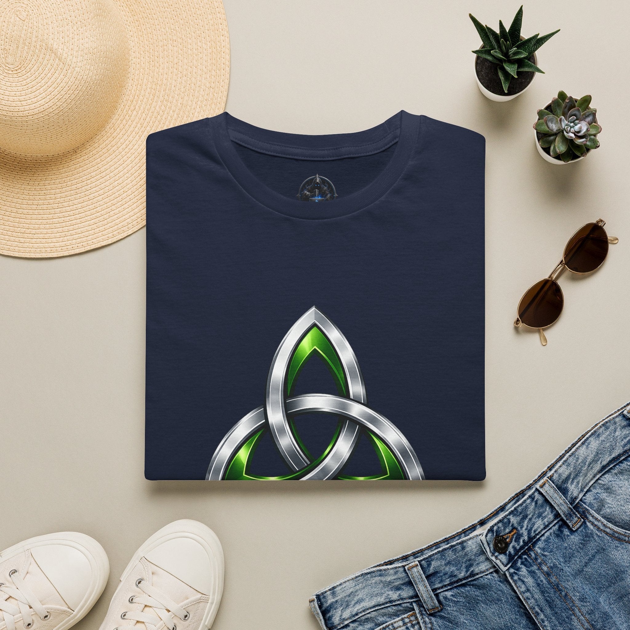 Celtic Trinity Knot T-Shirt — Metallic Green Triquetra Design