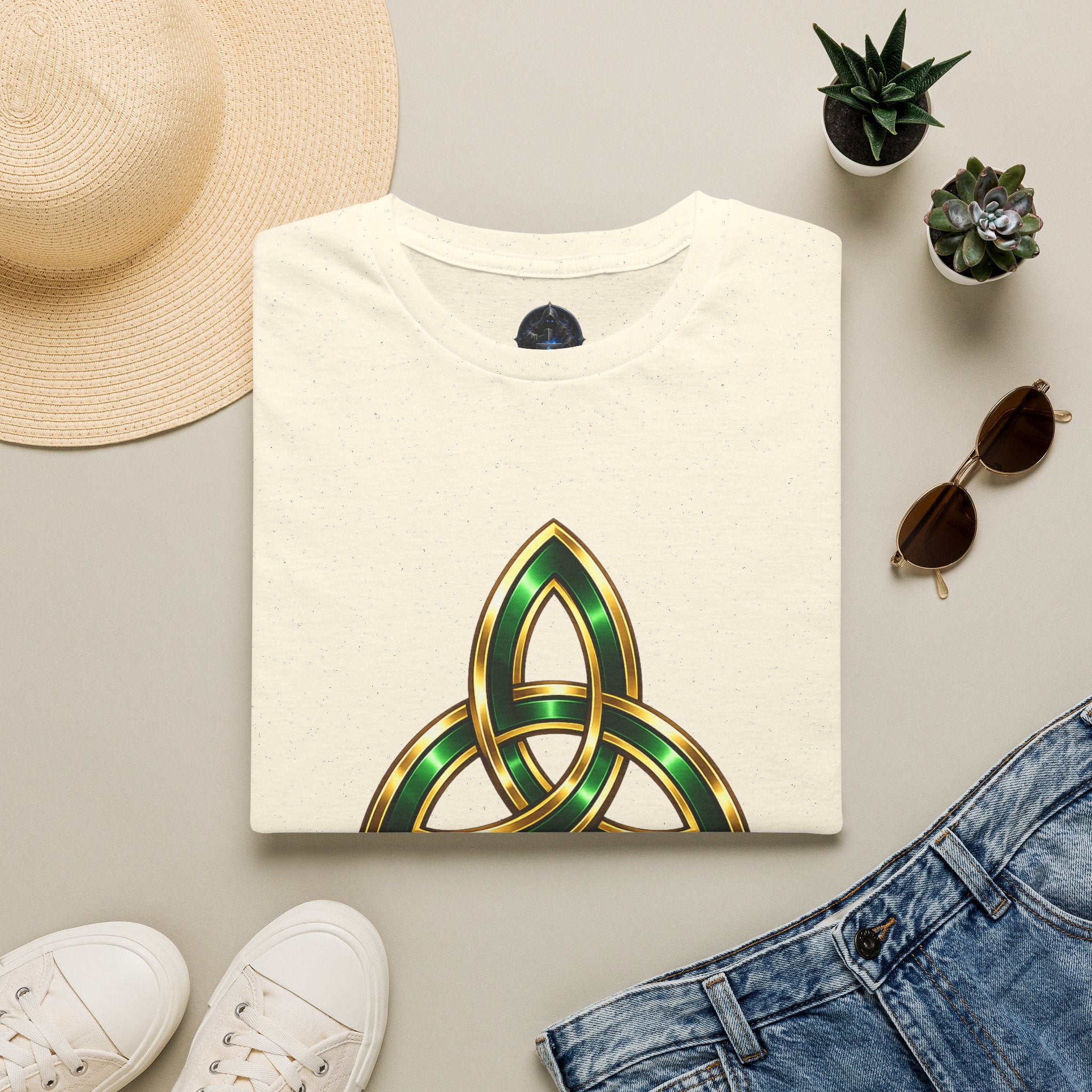 Celtic Trinity Knot T-Shirt — Gold & Emerald Irish Triquetra Design