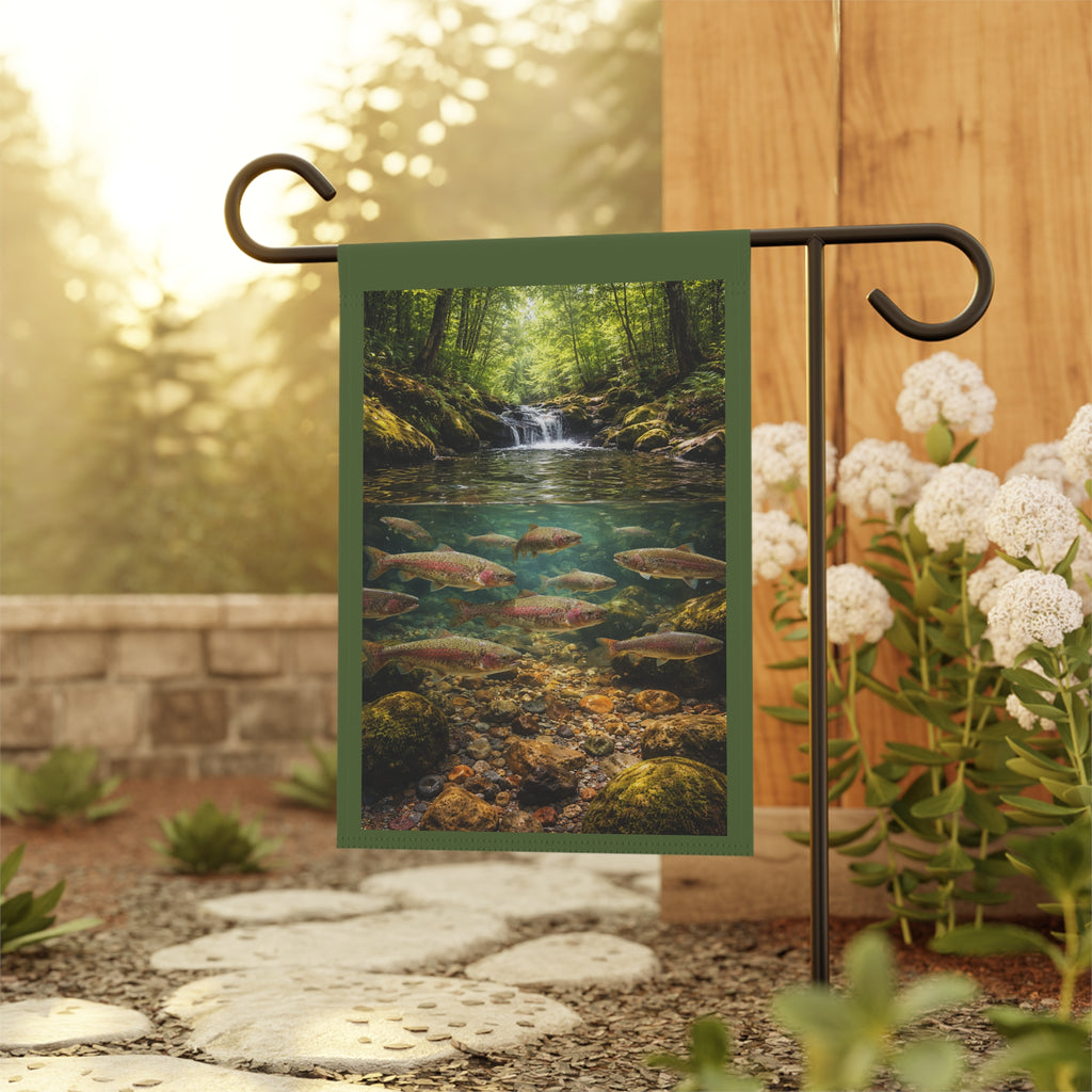 Trout Stream Garden Flag – Woodland Waterfall Yard Banner