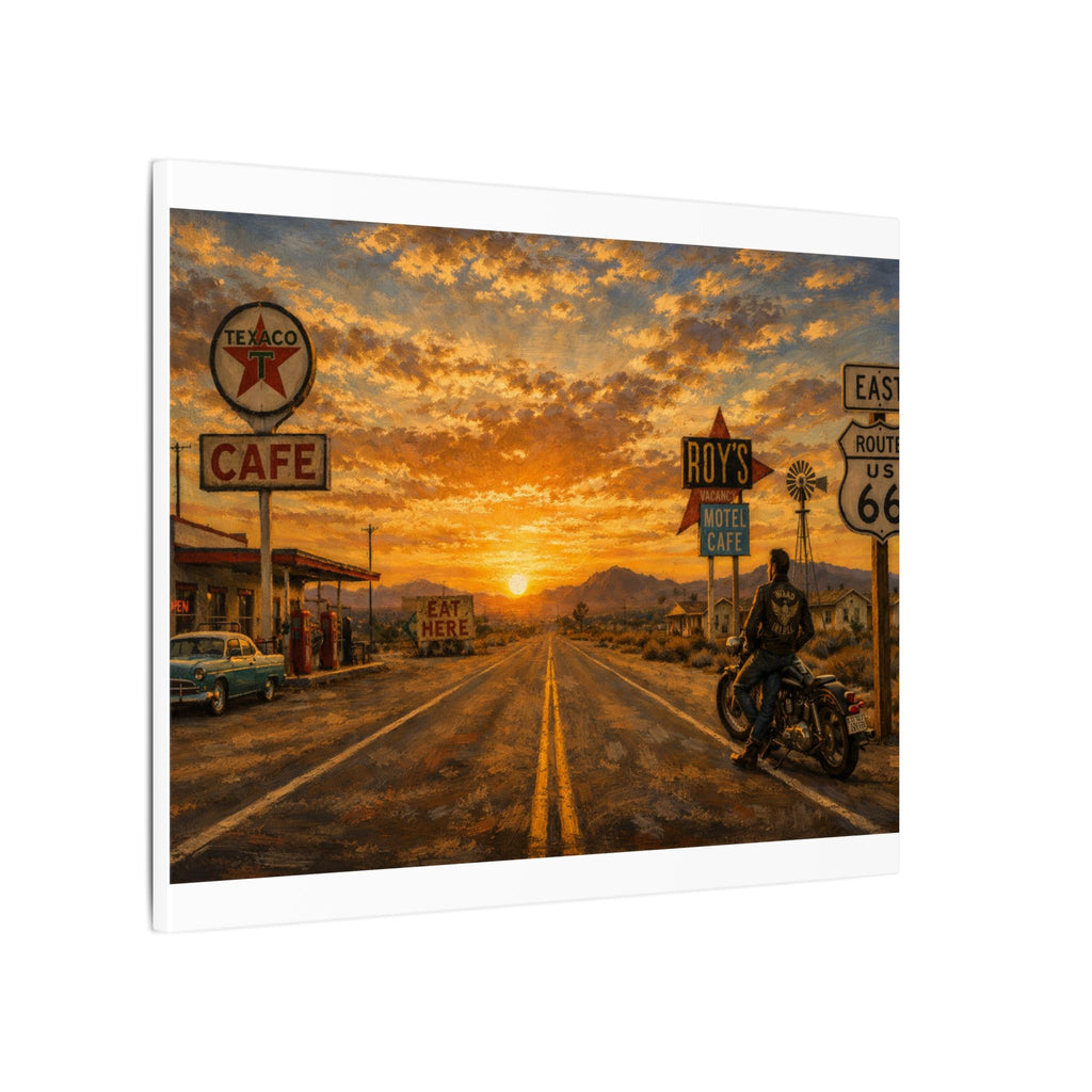 Route 66 Sunset Motorcycle Canvas Wall Art — Vintage Roadside Cafe Print