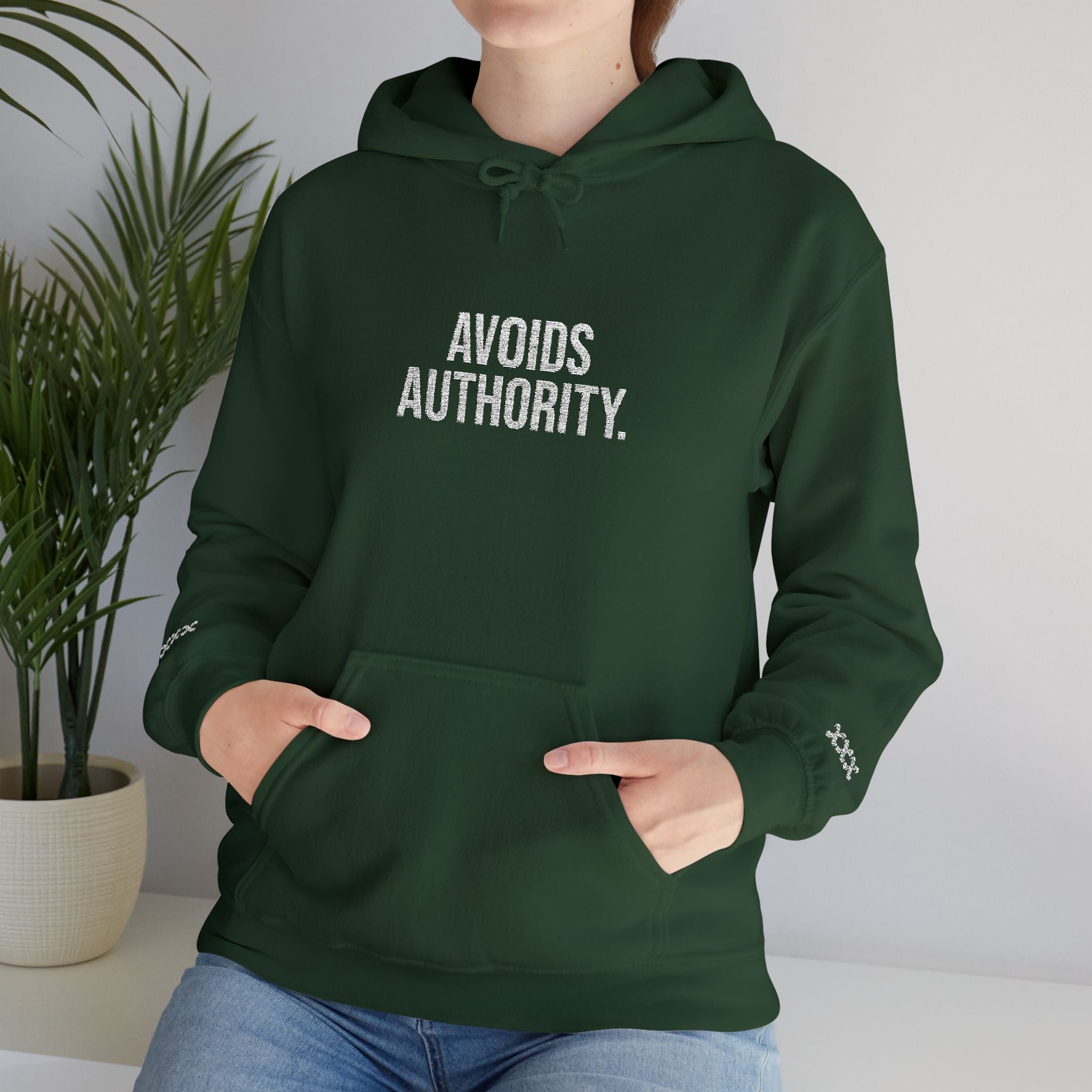 Avoids Authority Hoodie — Rebellious Embroidered Pullover