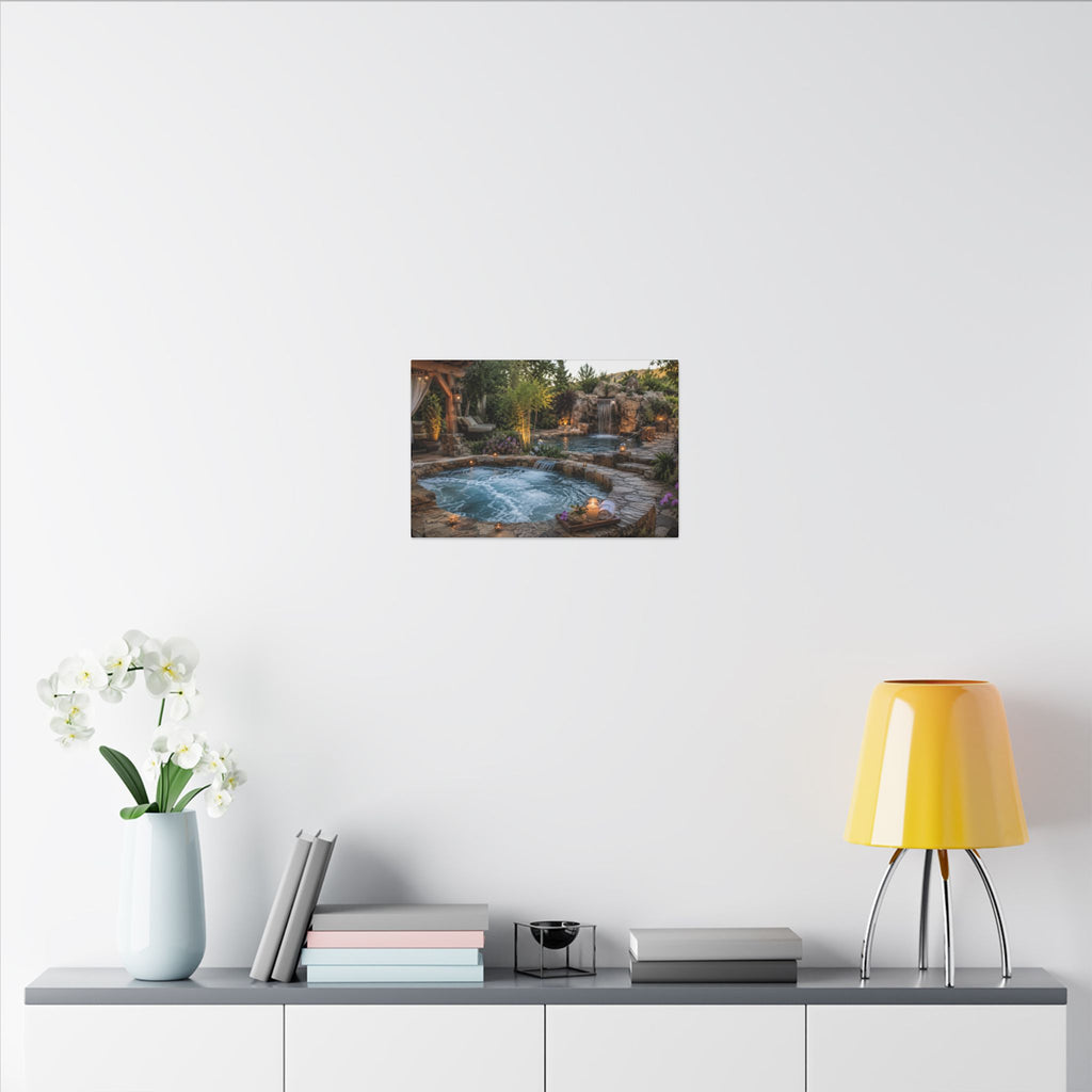 Relaxing Backyard Spa Canvas Wall Art – Tranquil Pool & Waterfall Scene