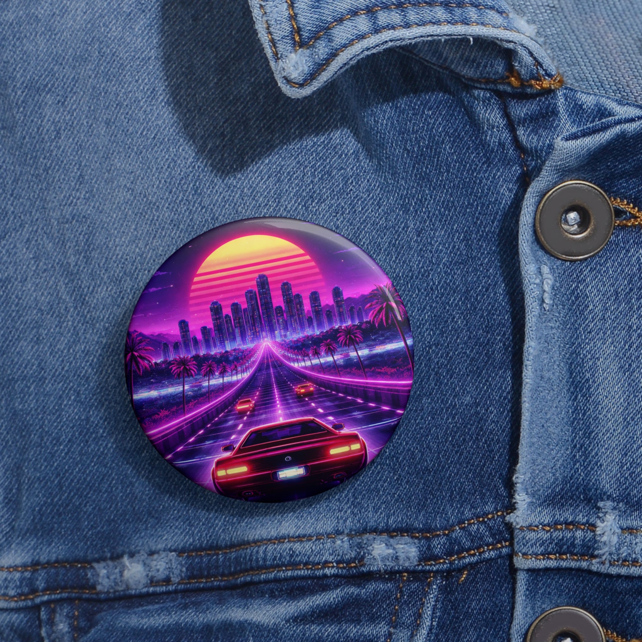Retro Cyberpunk 1984 Inspired Video Game Pin Button — Neon Sunset Cityscape Car Design