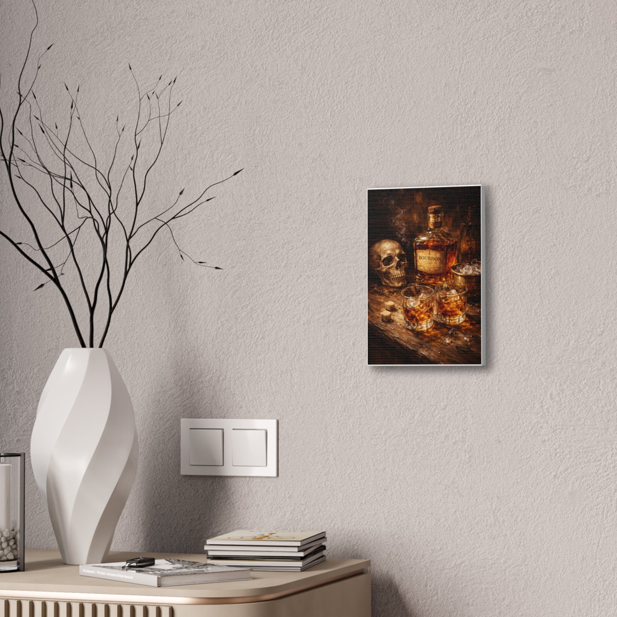 Bourbon Still Life Canvas Print — Skull & Whiskey Bar Art