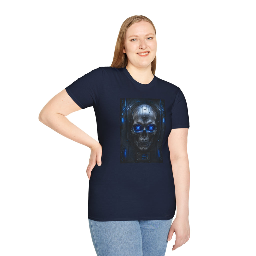 Skull Cyberpunk T-Shirt — Blue Glowing Skull Sci‑Fi Graphic Tee