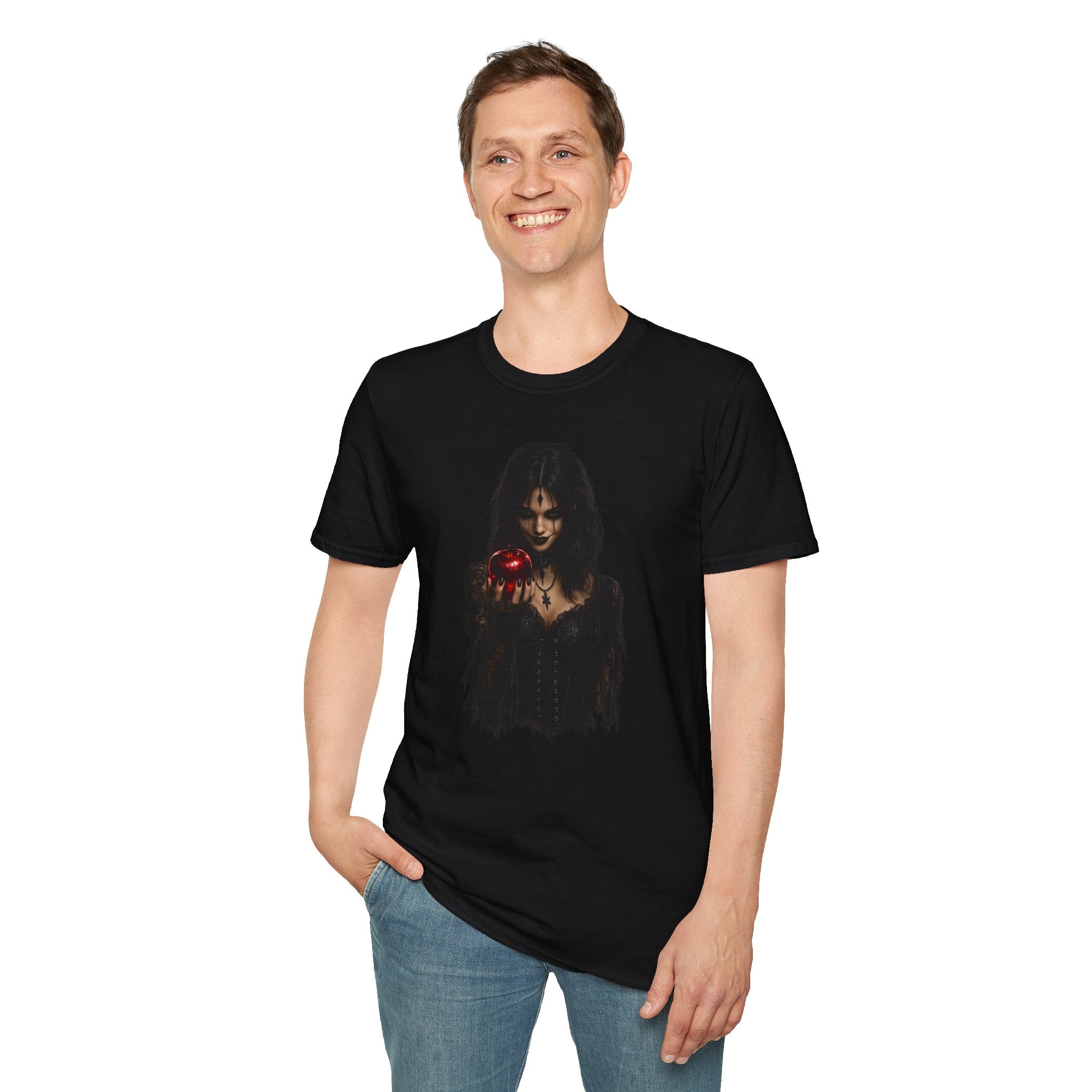 Dark Enchantress T-Shirt — Gothic Witch Holding Red Apple