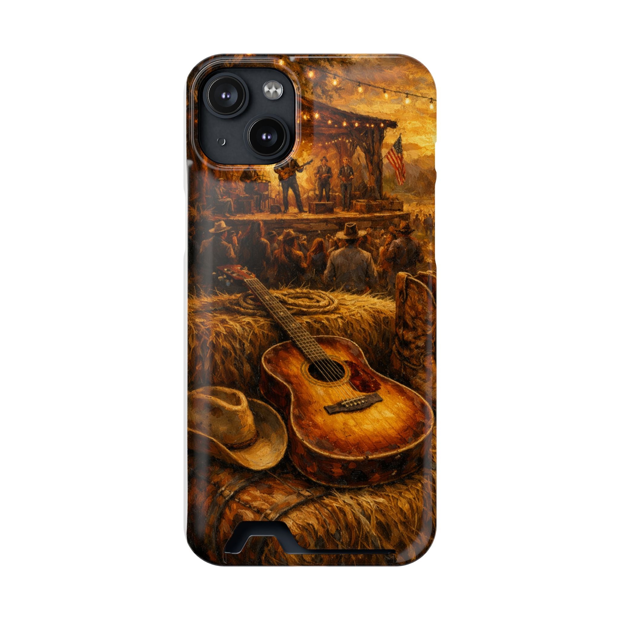 Country Music Guitar Phone Case with Card Holder — Rustic Concert Scene