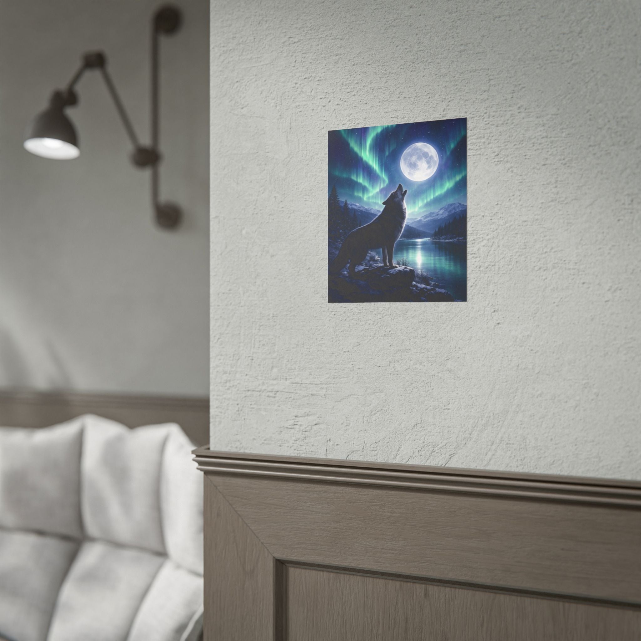 Wolf Howl Moon Poster – Northern Lights Landscape Wall Art