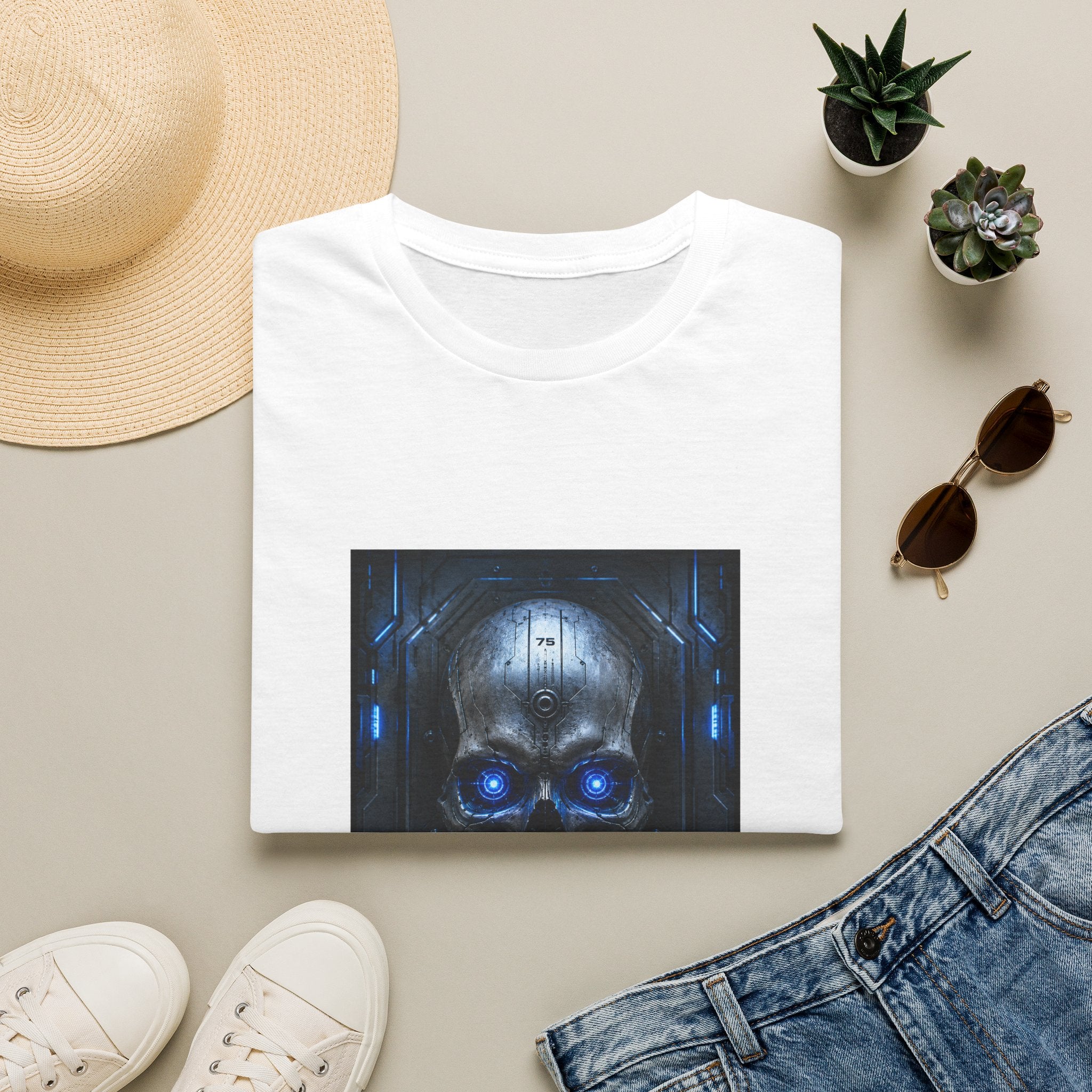Skull Cyberpunk T-Shirt — Blue Glowing Skull Sci‑Fi Graphic Tee