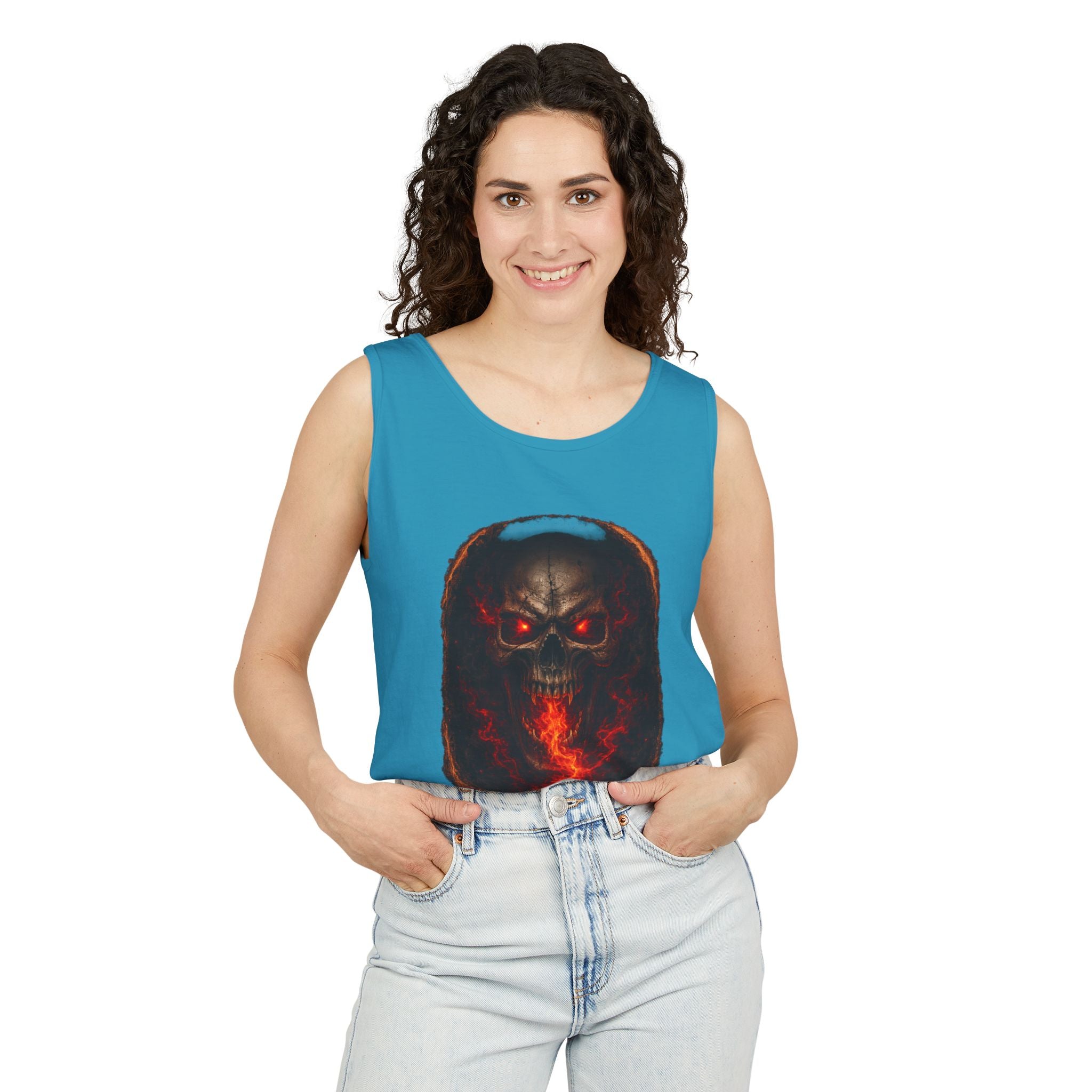 Demon Skull Flame Tank Top — Horror Graphic Summer Tee