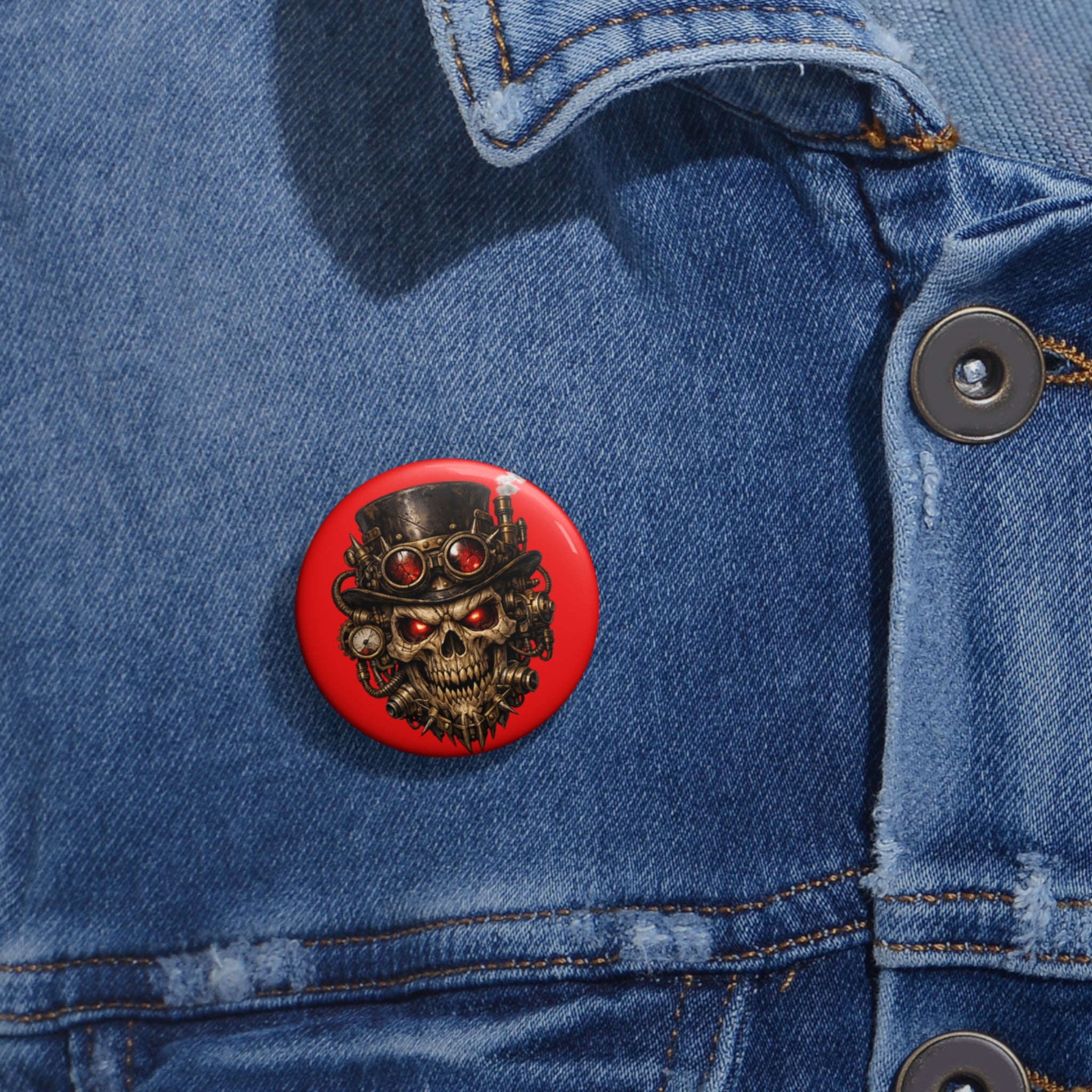 Skull Steampunk Pin Button — Red Gothic Skull Badge