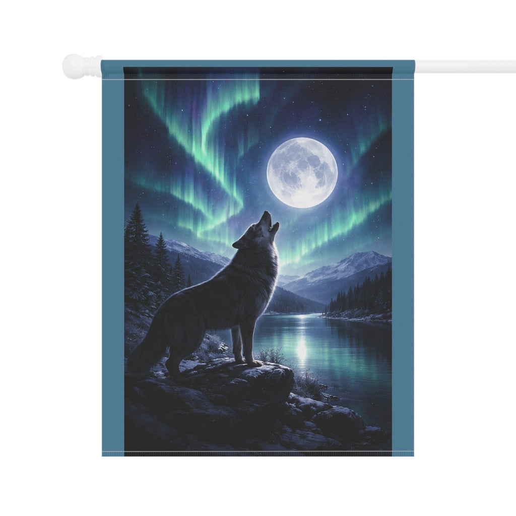 Howling Wolf Moon Garden Flag — Northern Lights Outdoor House Banner