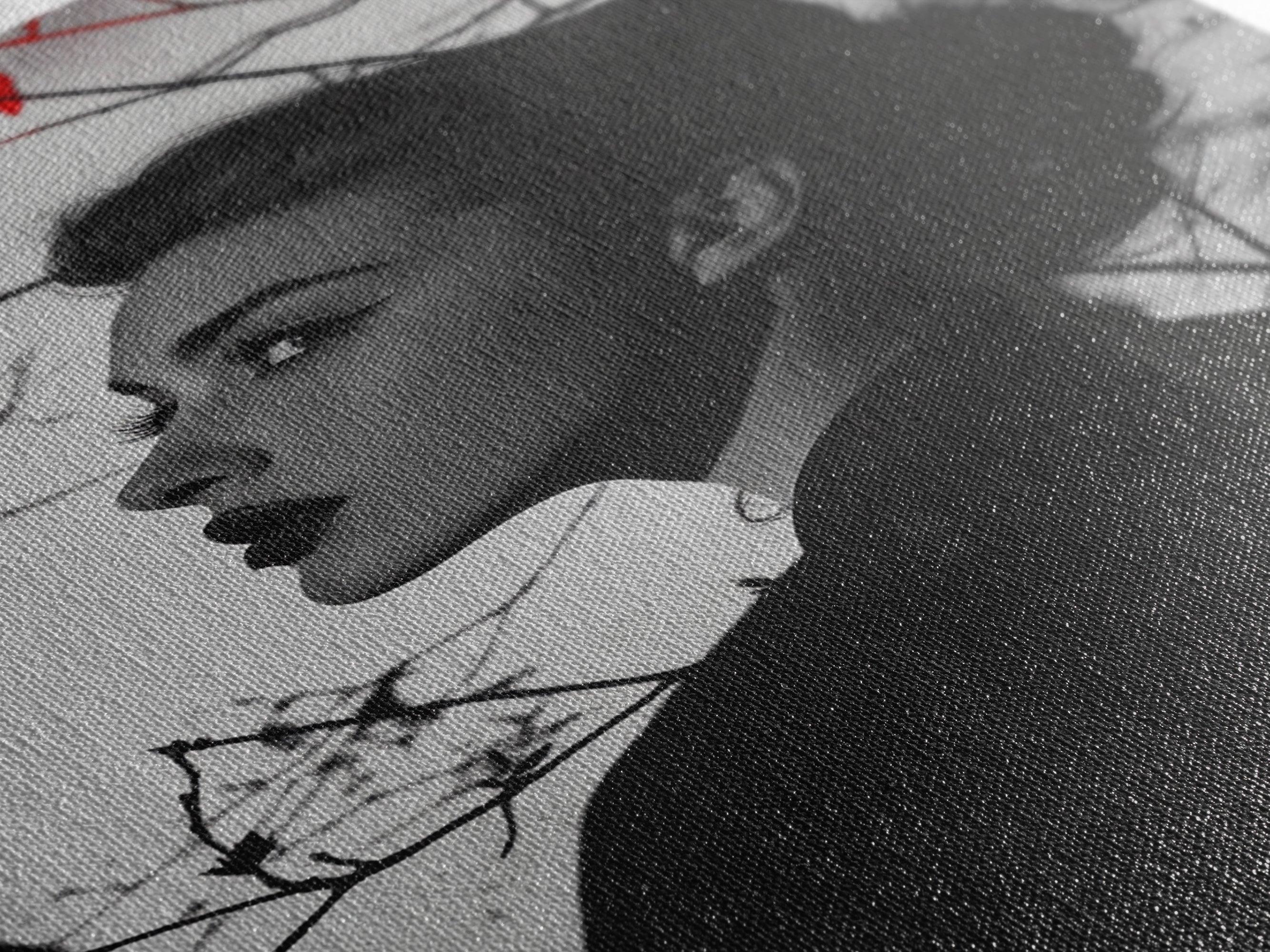 Noir Beauty, Red Accent Leaves, Dramatic Woman Profile, Framed Canvas Print, Glamour Wall Art, Gothic Bedroom Decor, Monochrome Style