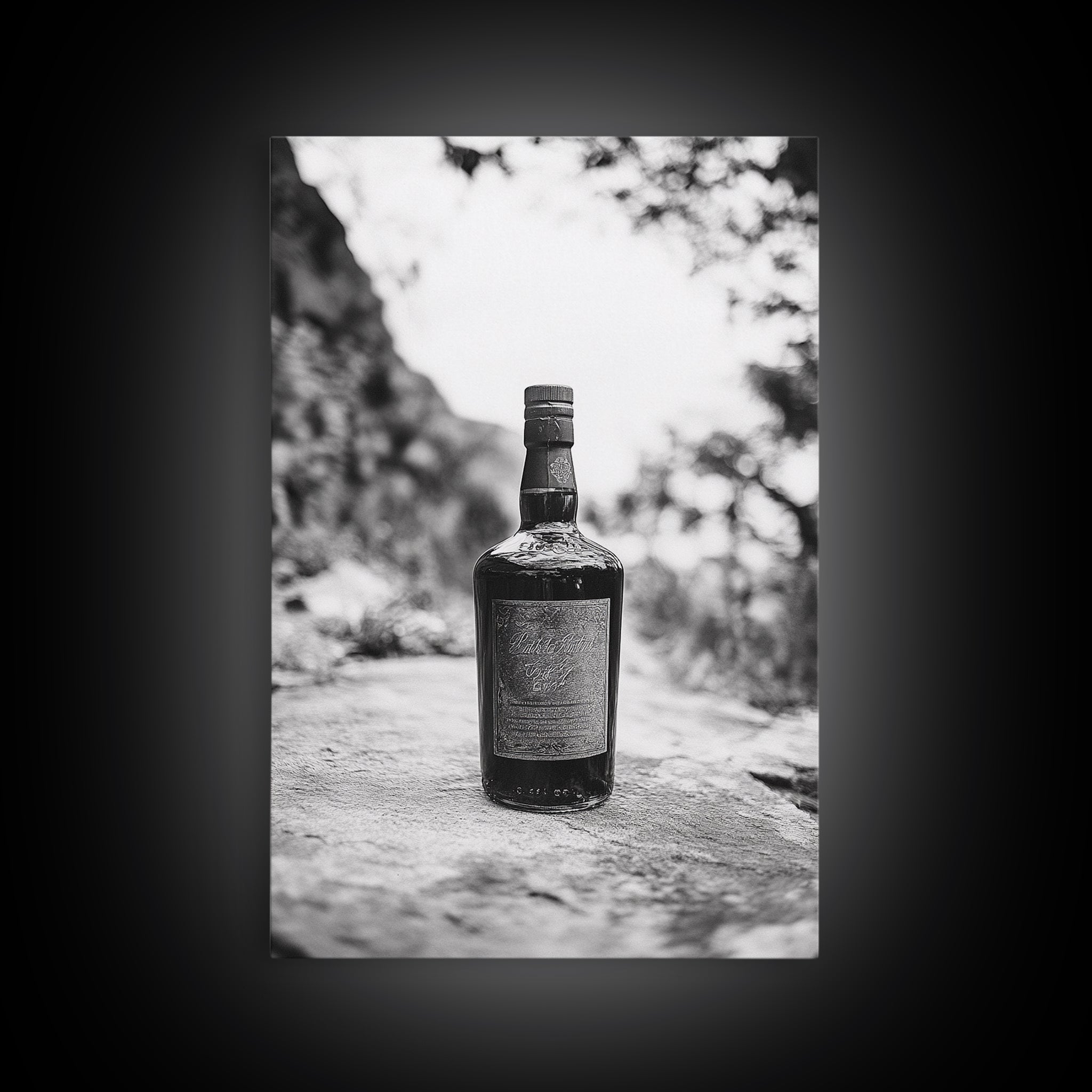 Vintage Whiskey Bottle, Rustic Outdoor Still, Timeless Spirits, Aged Detail, Framed Canvas Print, Man Cave Art, Bar Wall Decor